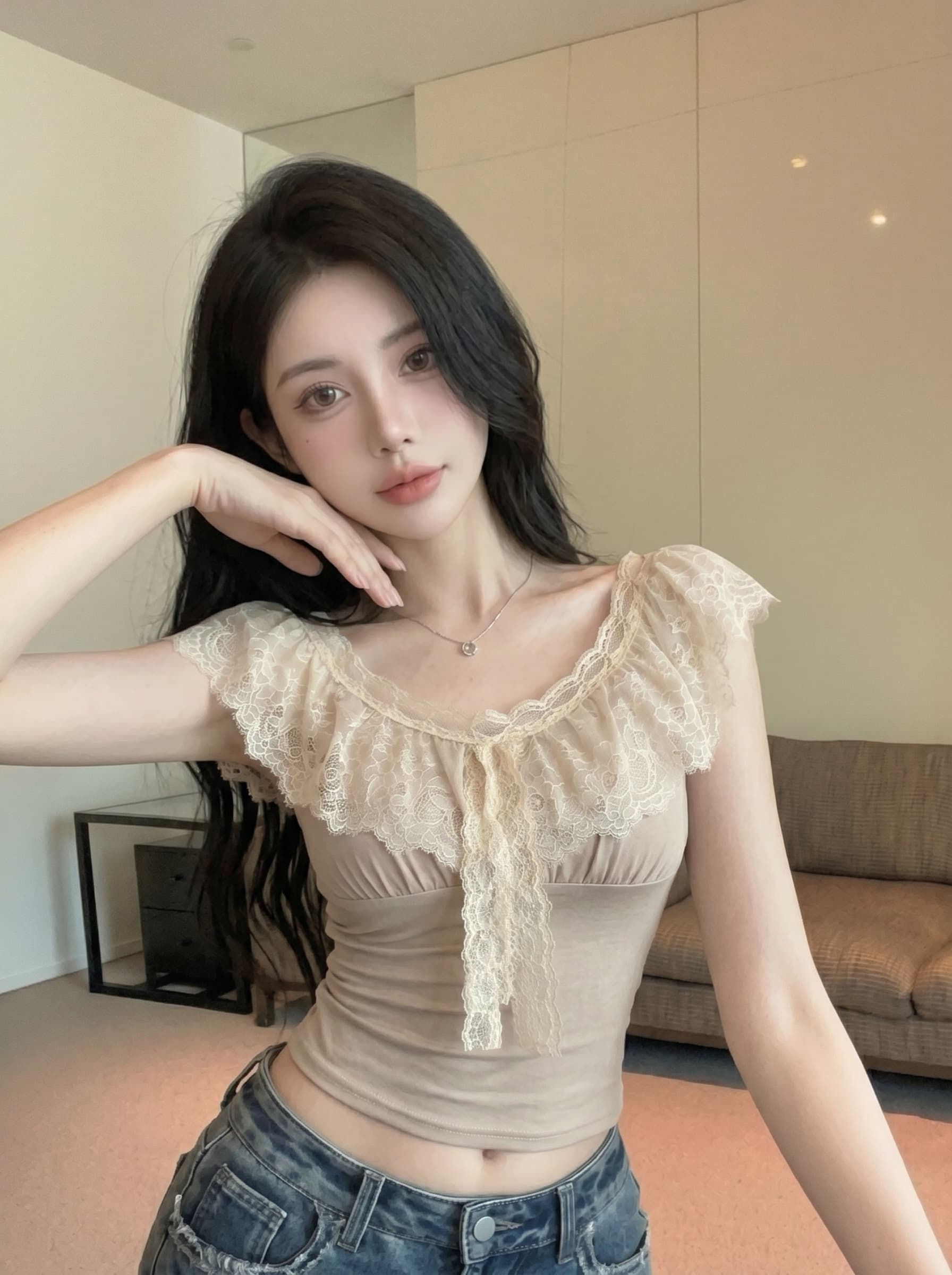 실사 한 부서 작은 대중 레이스 조각 라운드 넥 민소매 티셔츠 여성 여름 새로운 디자인 센스 몸매 가꾸기 슬림해 보이는 맨위 상세 이미지 5