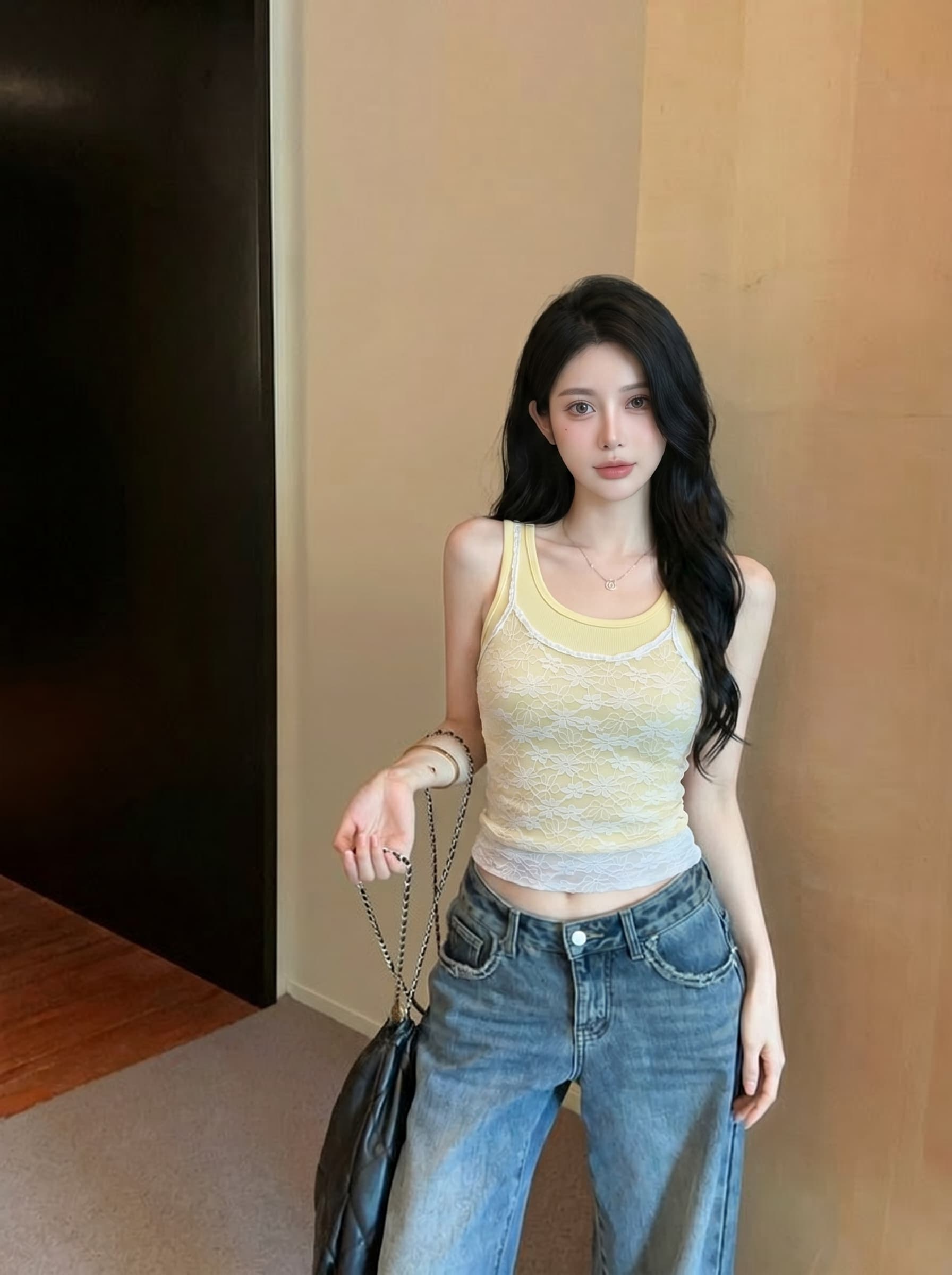 실사 순수한 욕망 핫걸 스택 착용 캐미솔 여름 외출용 인사이드 가져 가라. 레이스 조각 황색 작은 대중 맨위 상세 이미지 1