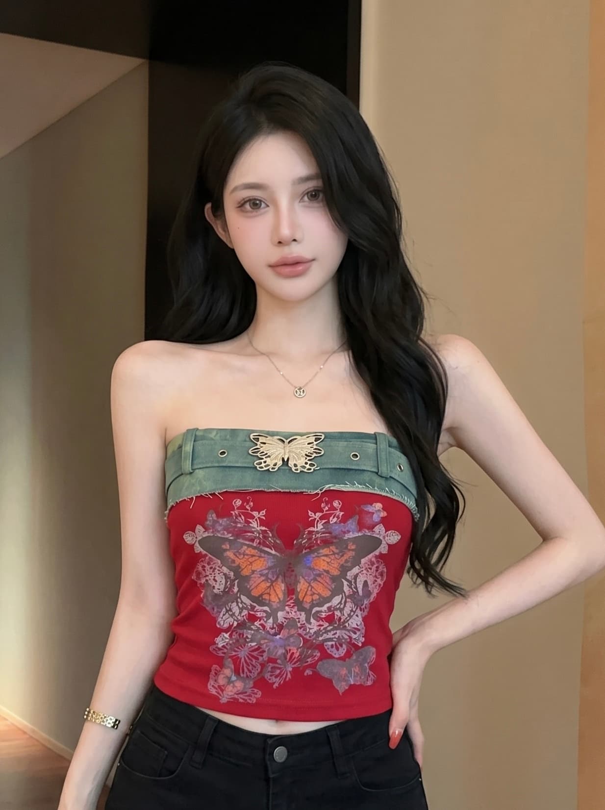 실사 아메리칸 핫걸 나비 프린트 데님 패치워크 튜브탑 여성 여름 새로운 민소매 조끼 짧은 맨위 상세 이미지 6