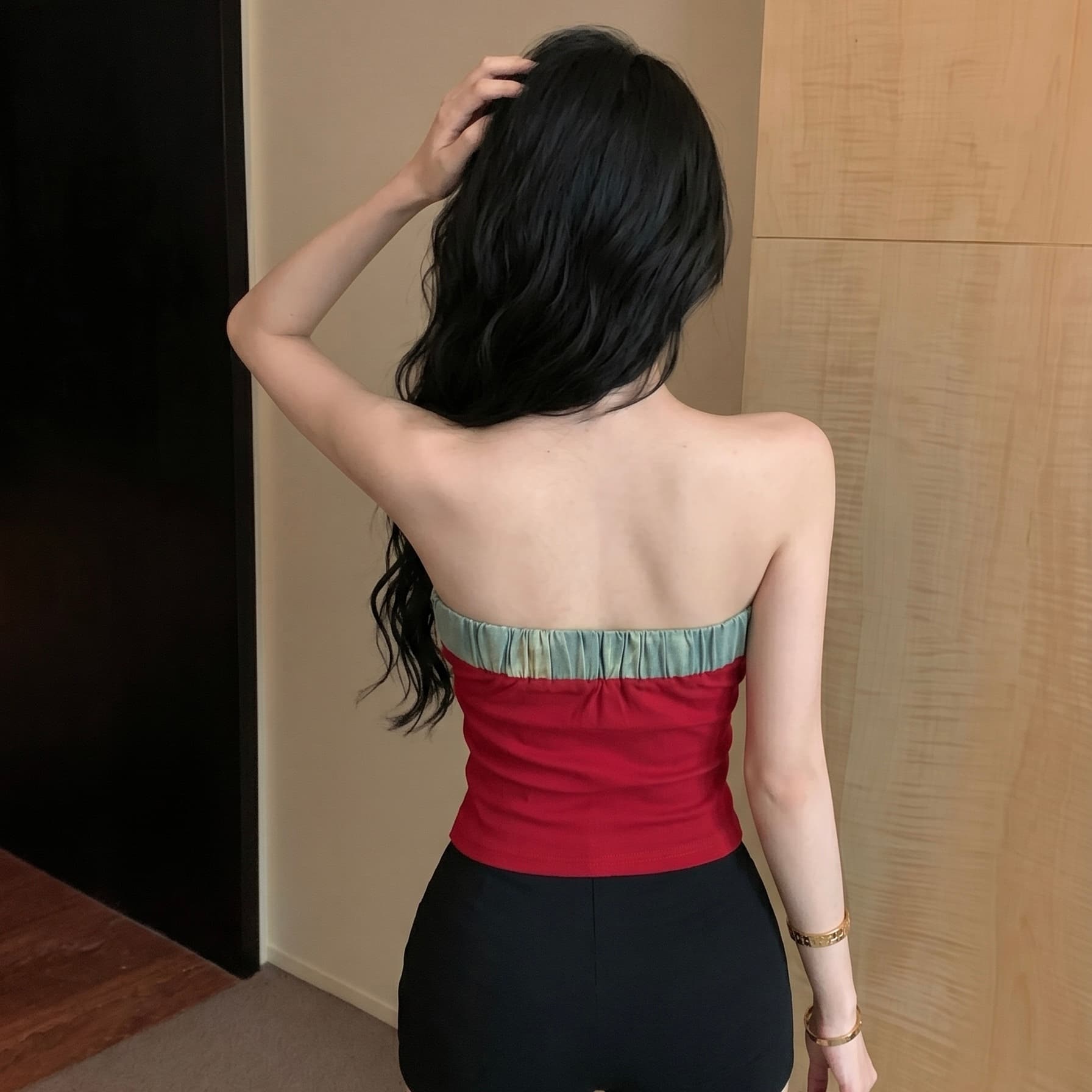 실사 아메리칸 핫걸 나비 프린트 데님 패치워크 튜브탑 여성 여름 새로운 민소매 조끼 짧은 맨위 상세 이미지 10