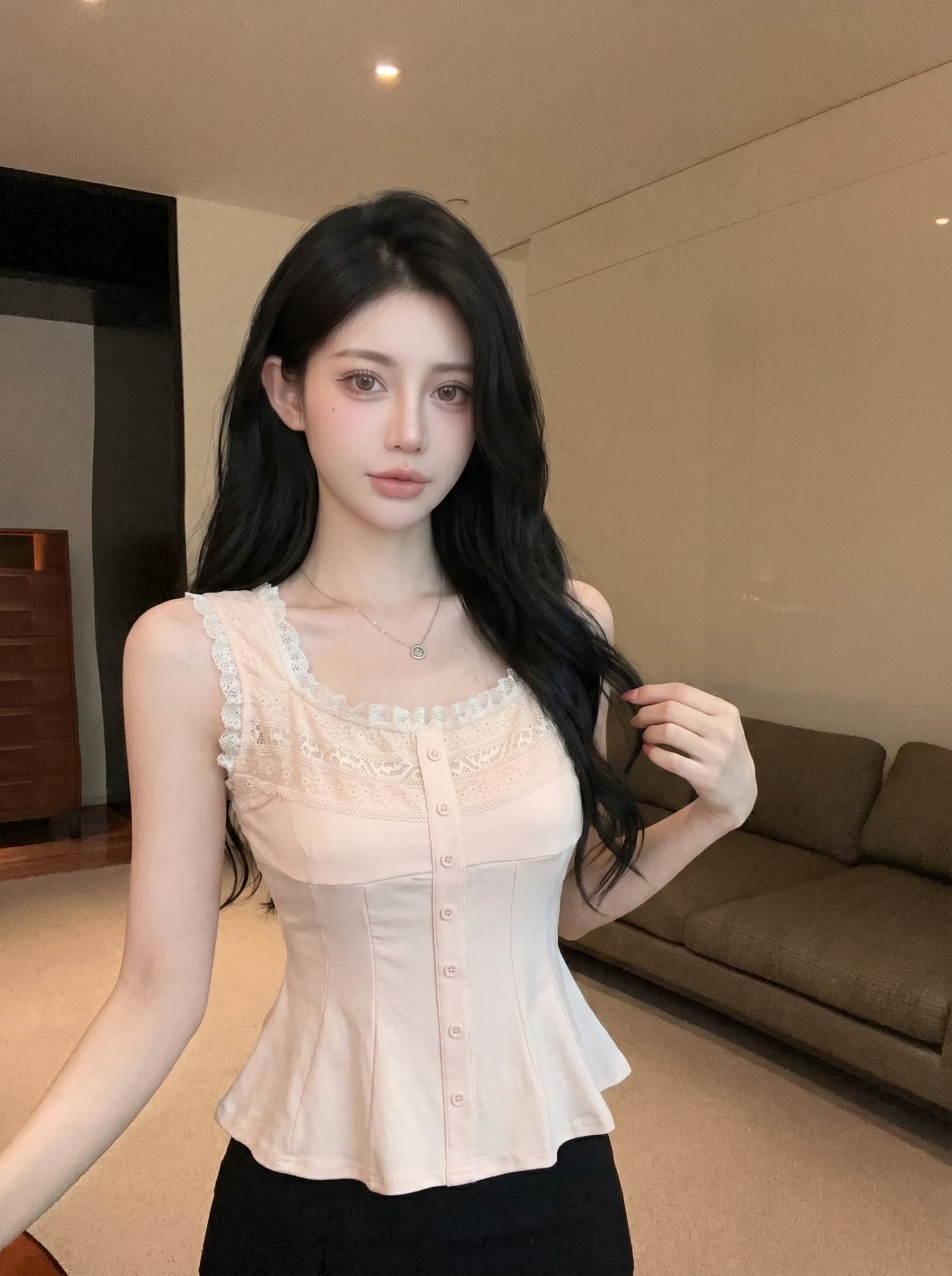 실사 달콤함 레이스 조각 광장 칼라 조끼 고급 센스 여성 여름 새로운 슈퍼 잘 생긴 순수한 욕망 몸매 가꾸기 맨위 상세 이미지 1