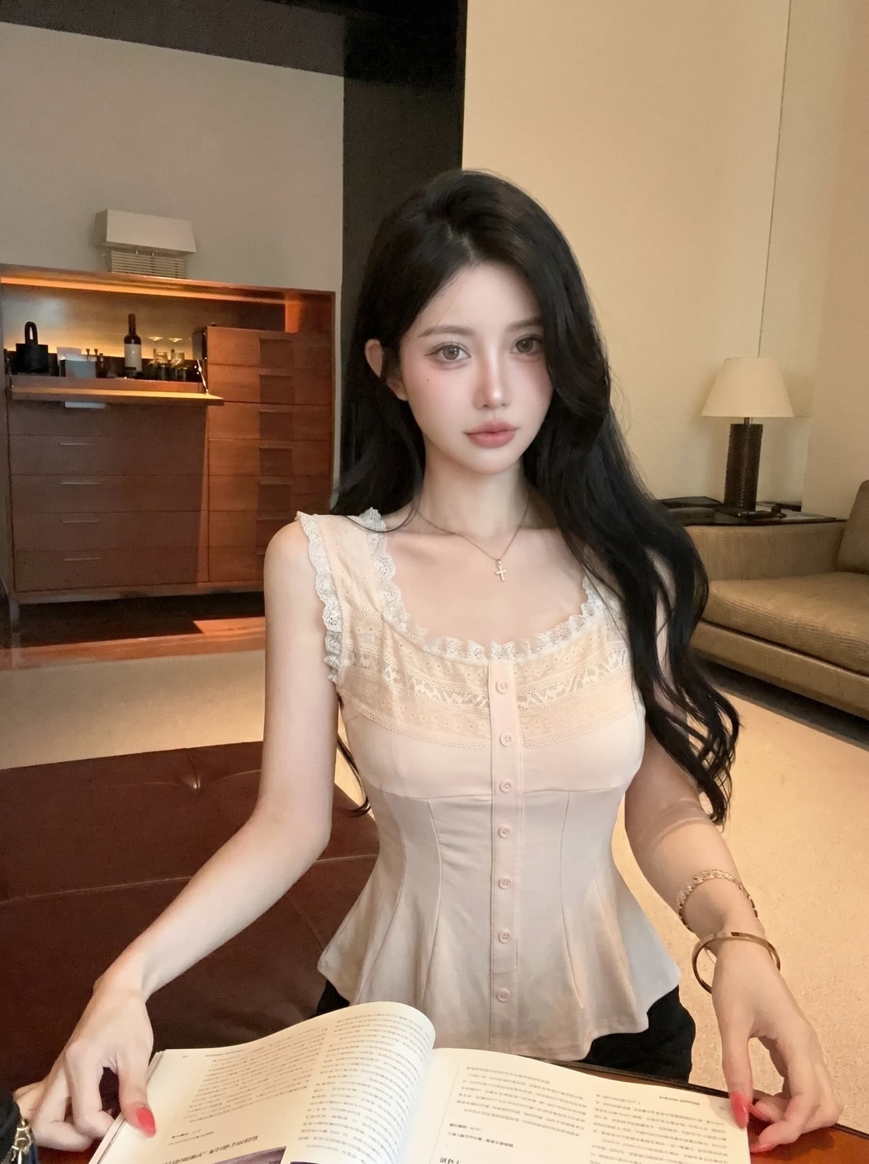 실사 달콤함 레이스 조각 광장 칼라 조끼 고급 센스 여성 여름 새로운 슈퍼 잘 생긴 순수한 욕망 몸매 가꾸기 맨위 상세 이미지 7