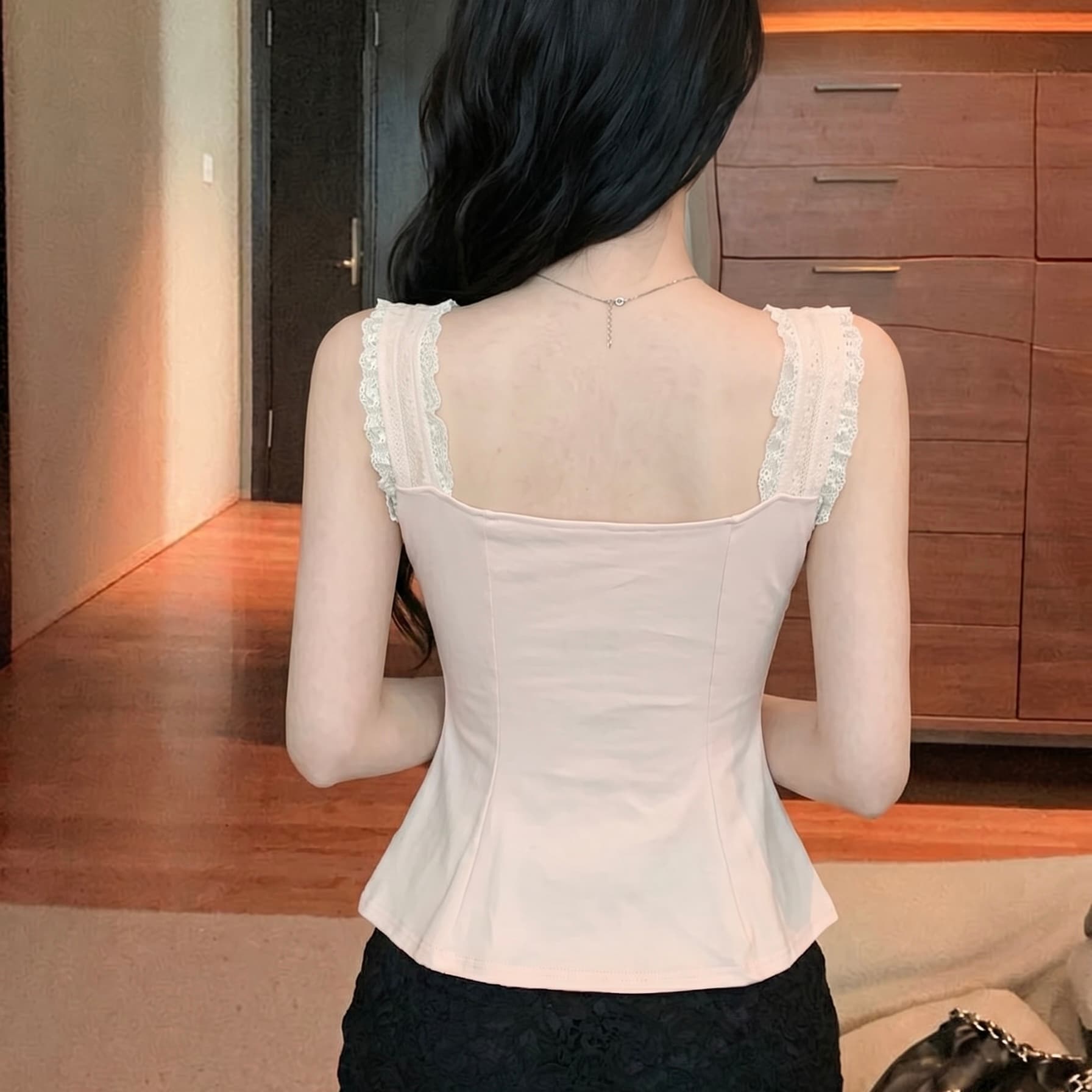 실사 달콤함 레이스 조각 광장 칼라 조끼 고급 센스 여성 여름 새로운 슈퍼 잘 생긴 순수한 욕망 몸매 가꾸기 맨위 상세 이미지 8