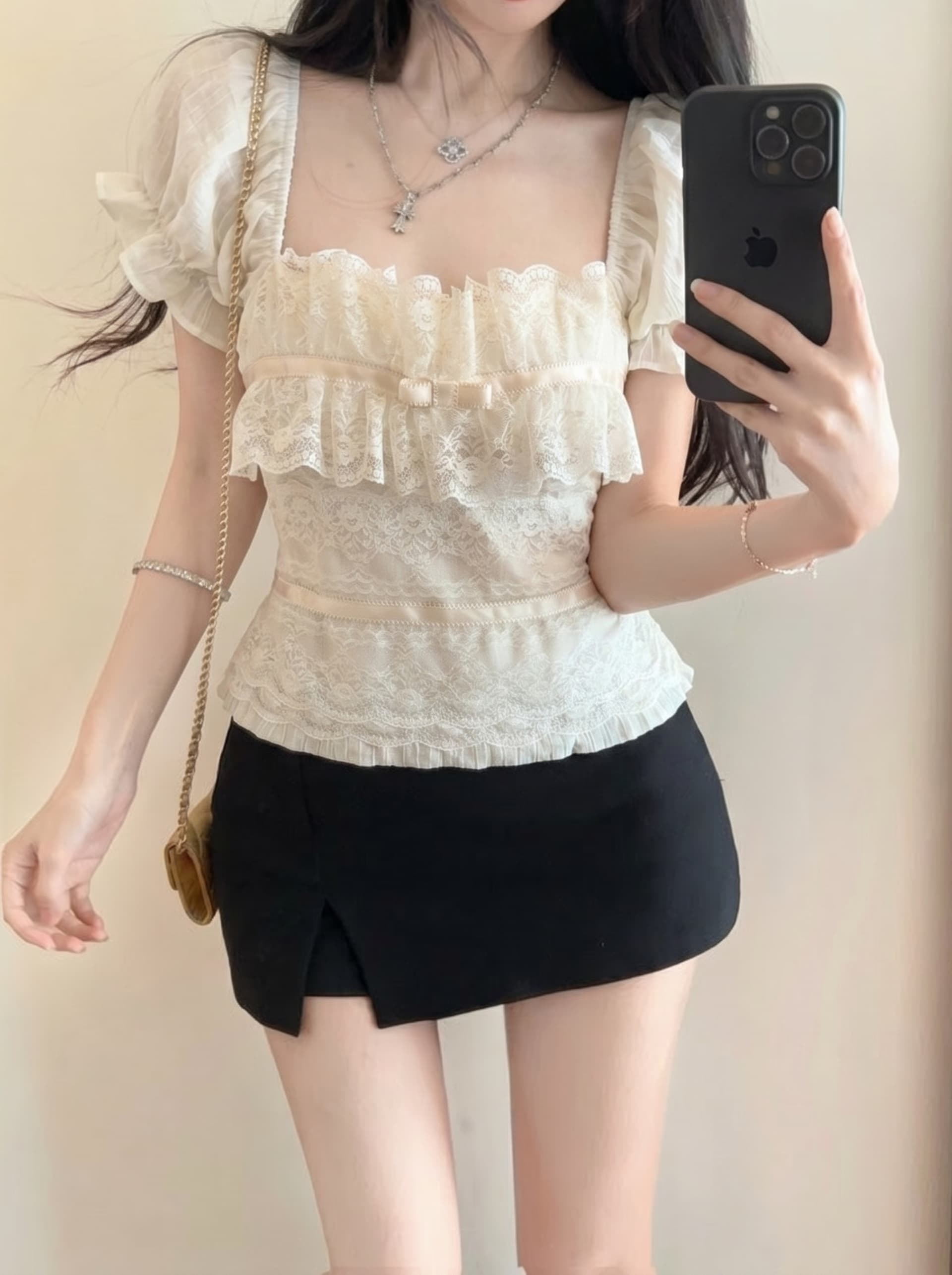 실사 광장 칼라 거품 소매 레이스 조각 반팔 티셔츠 여성 여름 나비 매듭 디자인 센스 연령 감소 슬림해 보이는 맨위 이미지 5