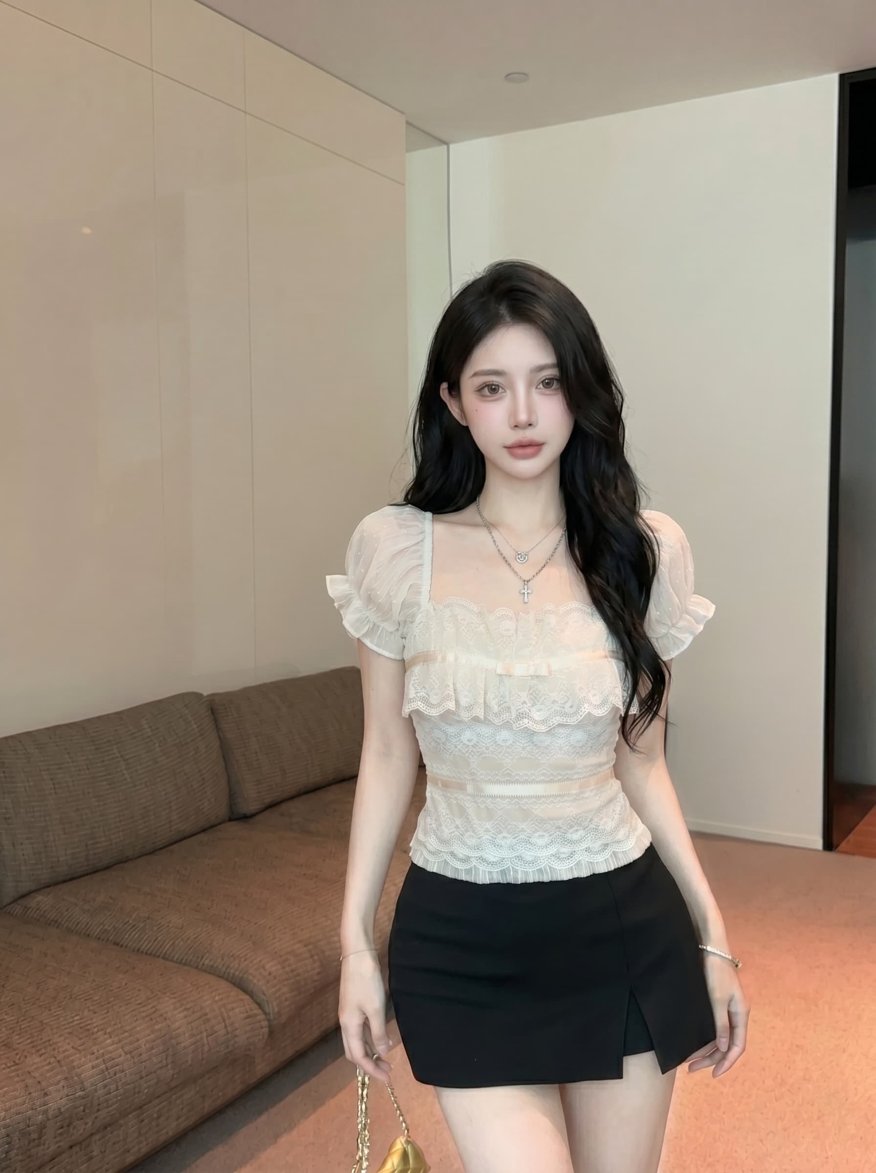 실사 광장 칼라 거품 소매 레이스 조각 반팔 티셔츠 여성 여름 나비 매듭 디자인 센스 연령 감소 슬림해 보이는 맨위 상세 이미지 4