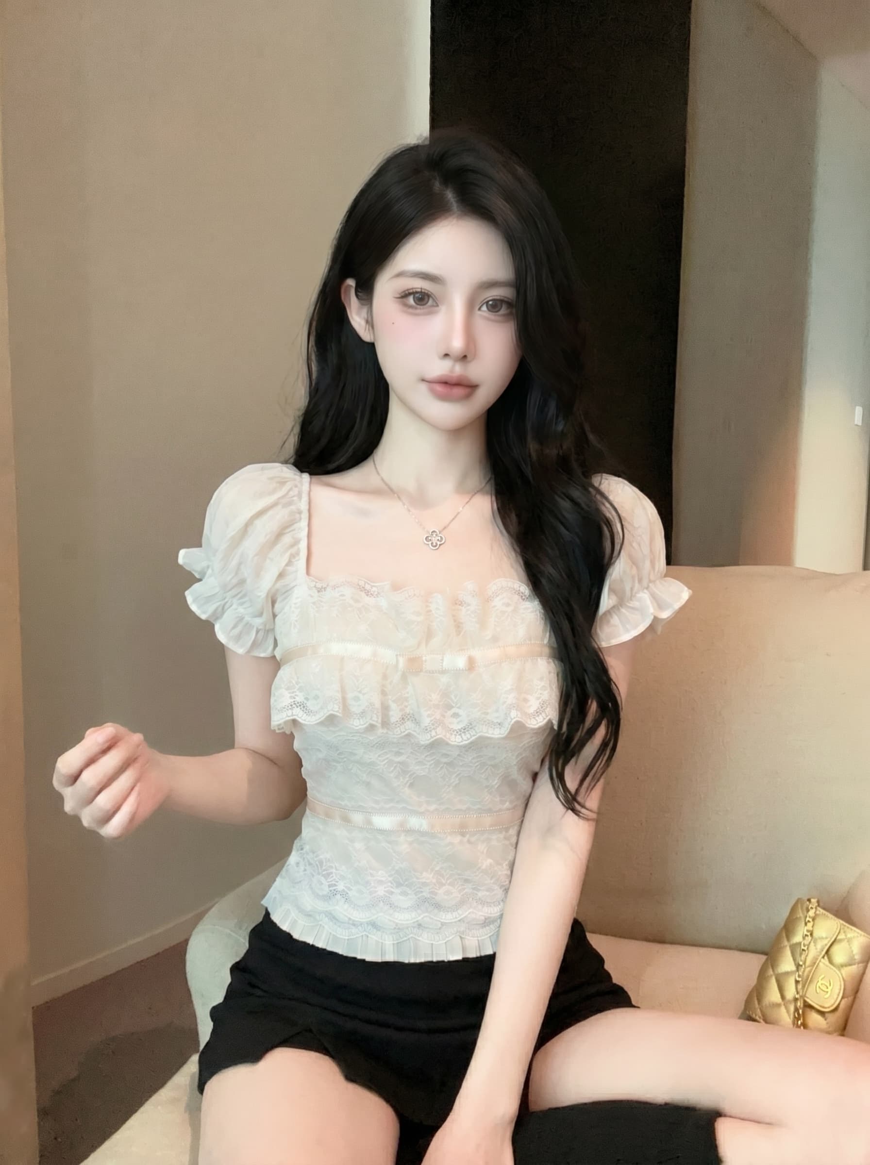 실사 광장 칼라 거품 소매 레이스 조각 반팔 티셔츠 여성 여름 나비 매듭 디자인 센스 연령 감소 슬림해 보이는 맨위 상세 이미지 5