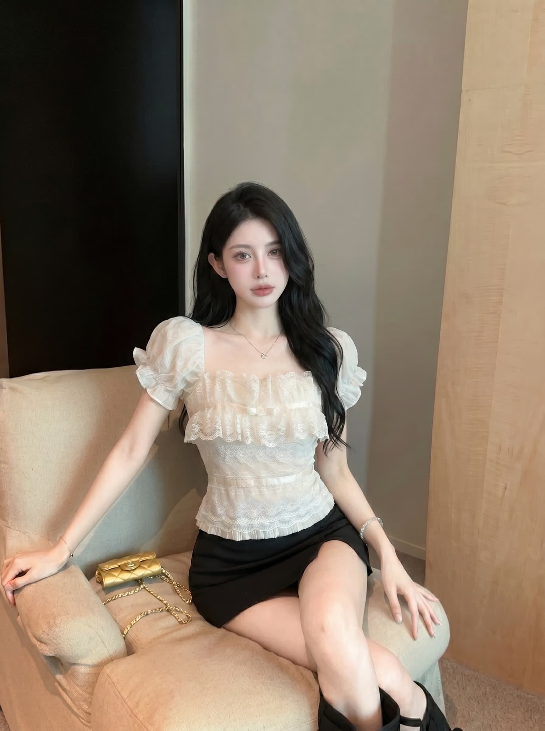 실사 광장 칼라 거품 소매 레이스 조각 반팔 티셔츠 여성 여름 나비 매듭 디자인 센스 연령 감소 슬림해 보이는 맨위 상세 이미지 6