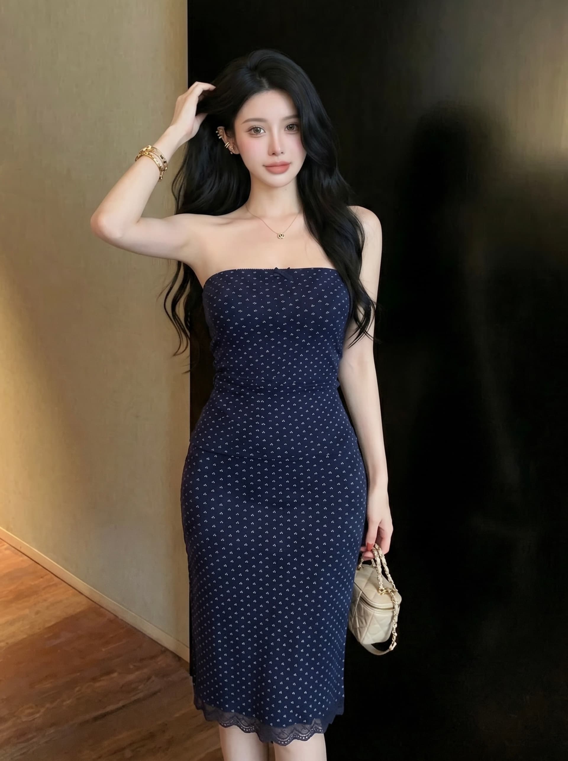 실사 품격 핫걸 해군 꽃무늬 니트 투피스 세트 나비 매듭 레이스 민소매 몸매 가꾸기 여성 반신 스커트 상세 이미지 2
