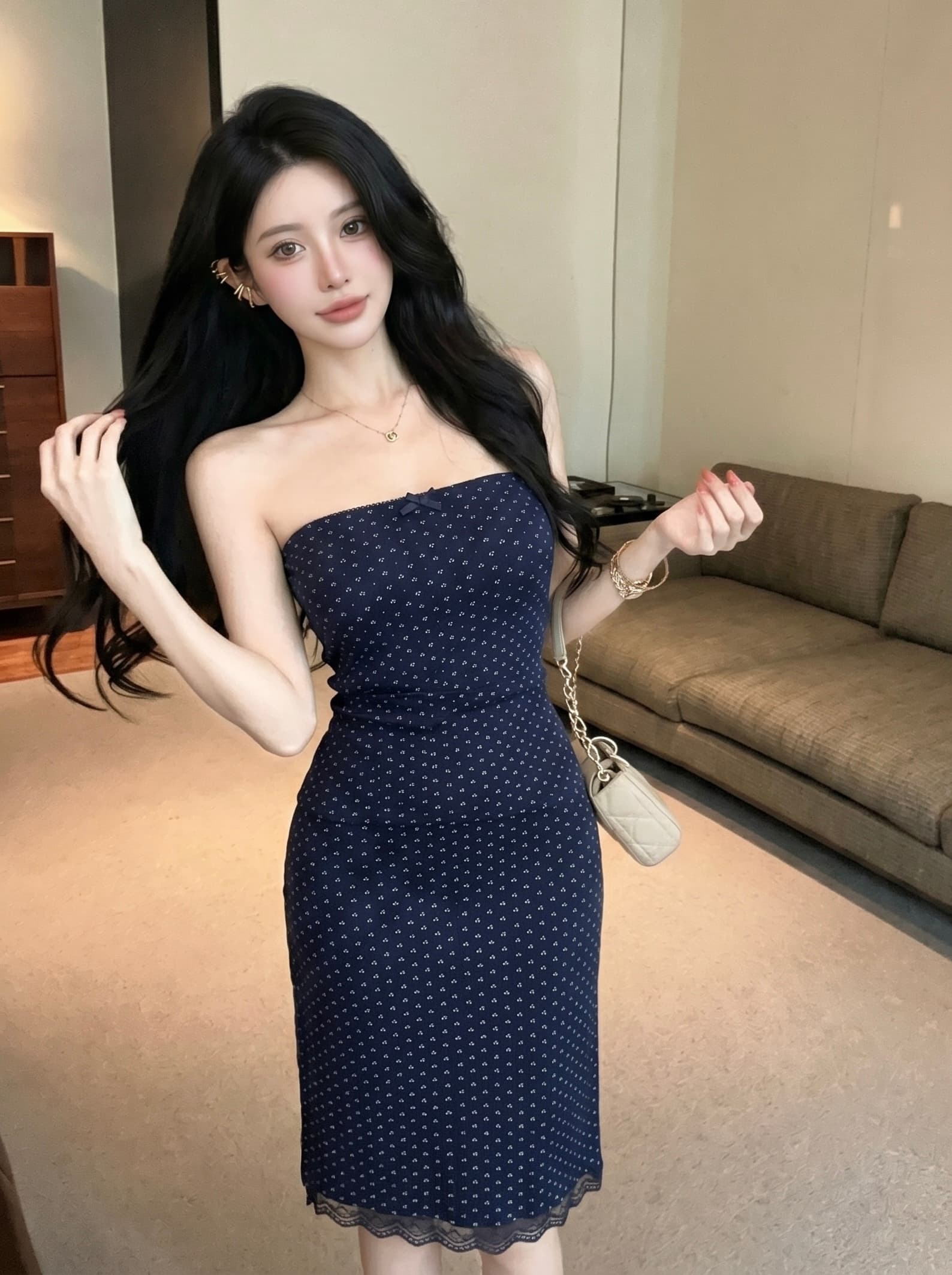 실사 품격 핫걸 해군 꽃무늬 니트 투피스 세트 나비 매듭 레이스 민소매 몸매 가꾸기 여성 반신 스커트 상세 이미지 3