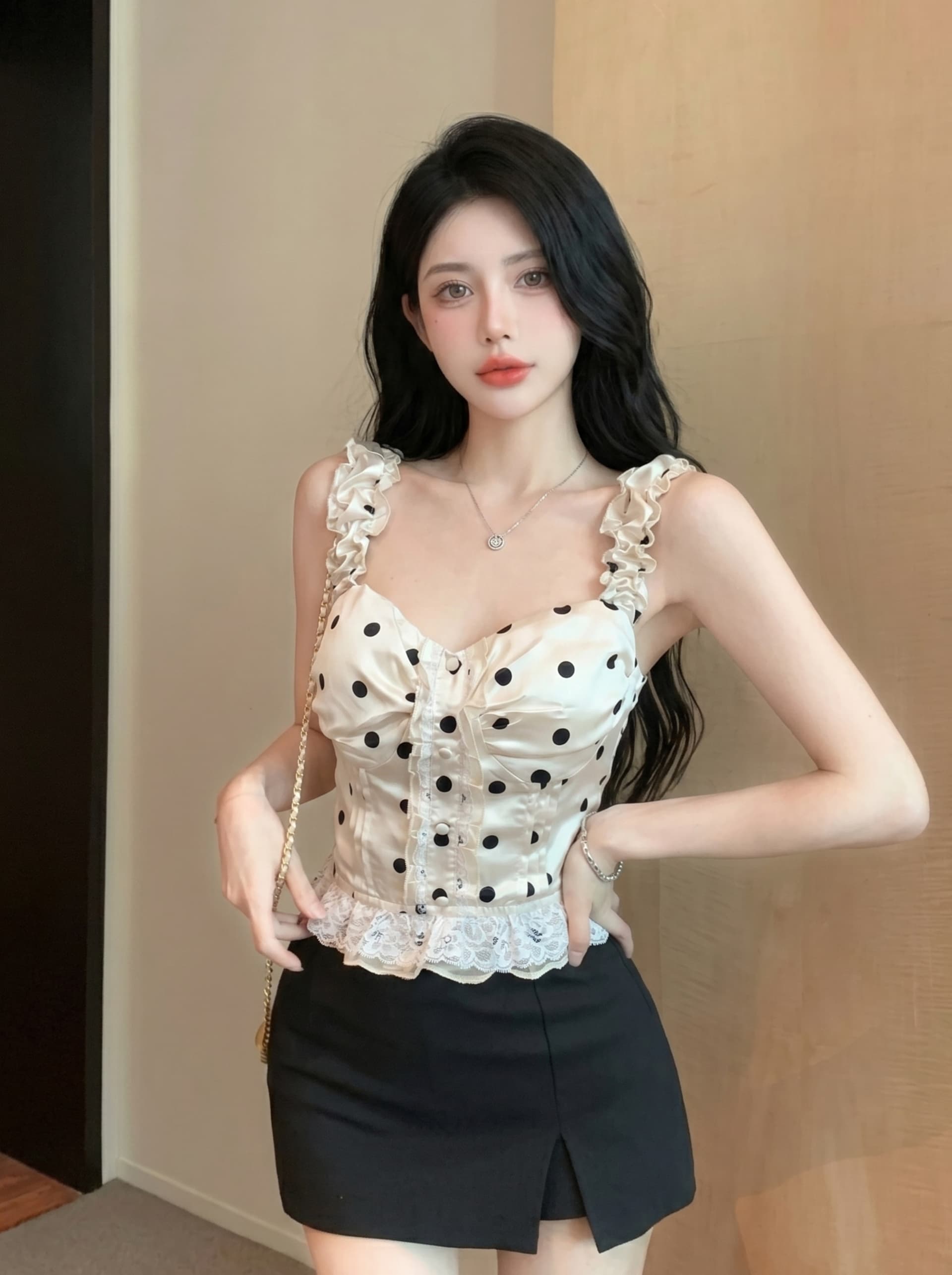 실사 프랑스식 달콤한 스타일 도트 무늬 레이스 캐미솔 여름 새로운 작은 키 디자인 센스 스택 착용 맨위 이미지 4