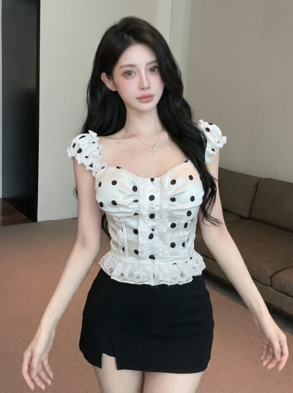 실사 프랑스식 달콤한 스타일 도트 무늬 레이스 캐미솔 여름 새로운 작은 키 디자인 센스 스택 착용 맨위 상세 이미지 5
