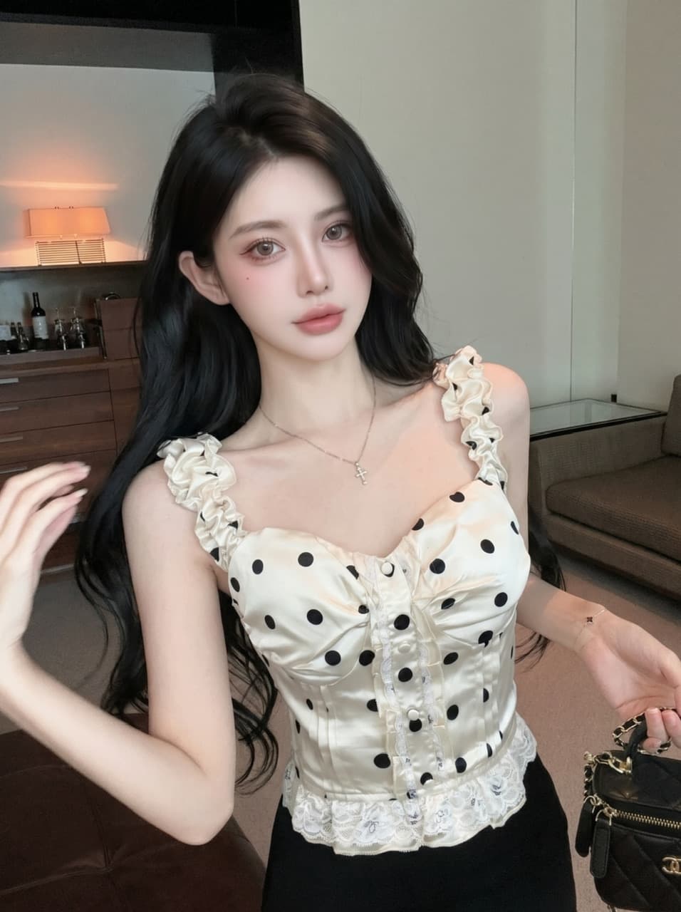 실사 프랑스식 달콤한 스타일 도트 무늬 레이스 캐미솔 여름 새로운 작은 키 디자인 센스 스택 착용 맨위 상세 이미지 9
