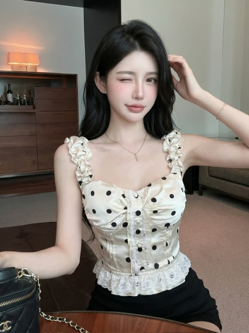 실사 프랑스식 달콤한 스타일 도트 무늬 레이스 캐미솔 여름 새로운 작은 키 디자인 센스 스택 착용 맨위 상세 이미지 11