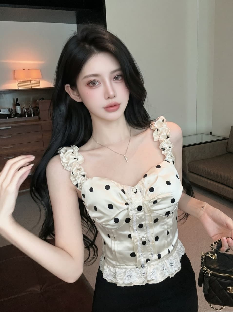 실사 프랑스식 달콤한 스타일 도트 무늬 레이스 캐미솔 여름 새로운 작은 키 디자인 센스 스택 착용 맨위 상세 이미지 12