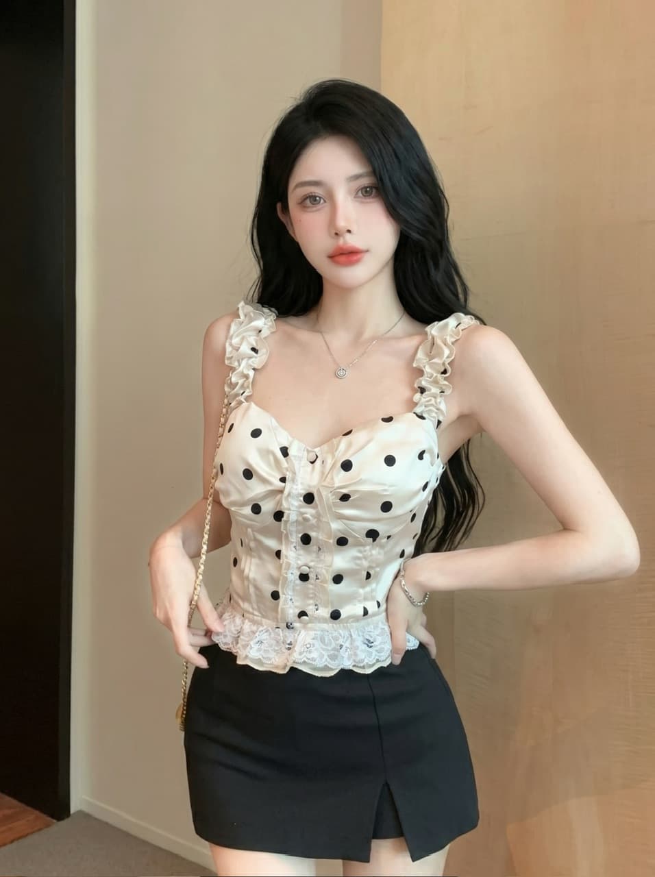 실사 프랑스식 달콤한 스타일 도트 무늬 레이스 캐미솔 여름 새로운 작은 키 디자인 센스 스택 착용 맨위 상세 이미지 13