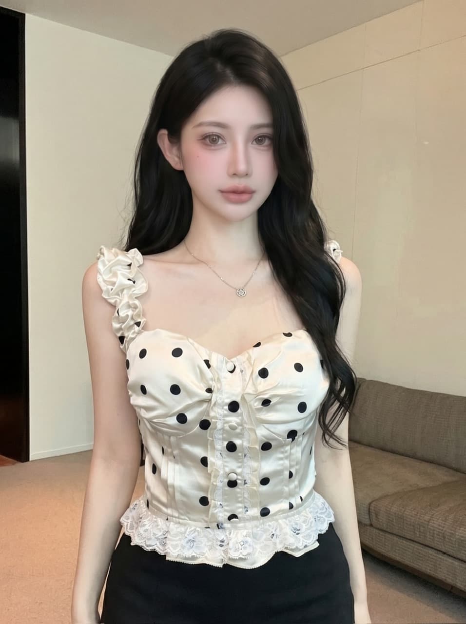 실사 프랑스식 달콤한 스타일 도트 무늬 레이스 캐미솔 여름 새로운 작은 키 디자인 센스 스택 착용 맨위 상세 이미지 14