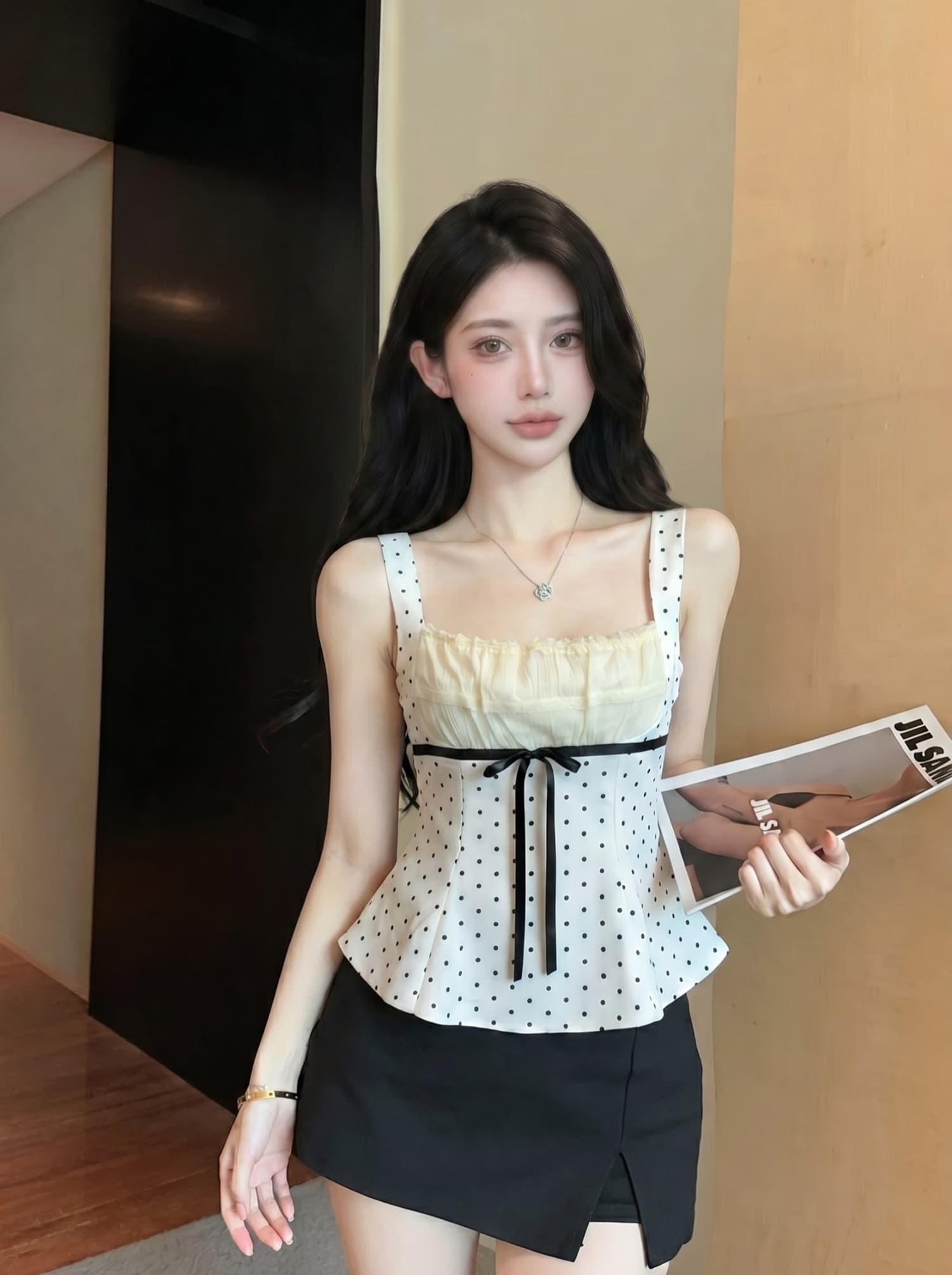 실사 프랑스식 달콤한 스타일 나비 매듭 도트 무늬 레이스 슬립 여성 여름 새로운 맨위 광장 칼라 조끼 작은 셔츠 상세 이미지 1