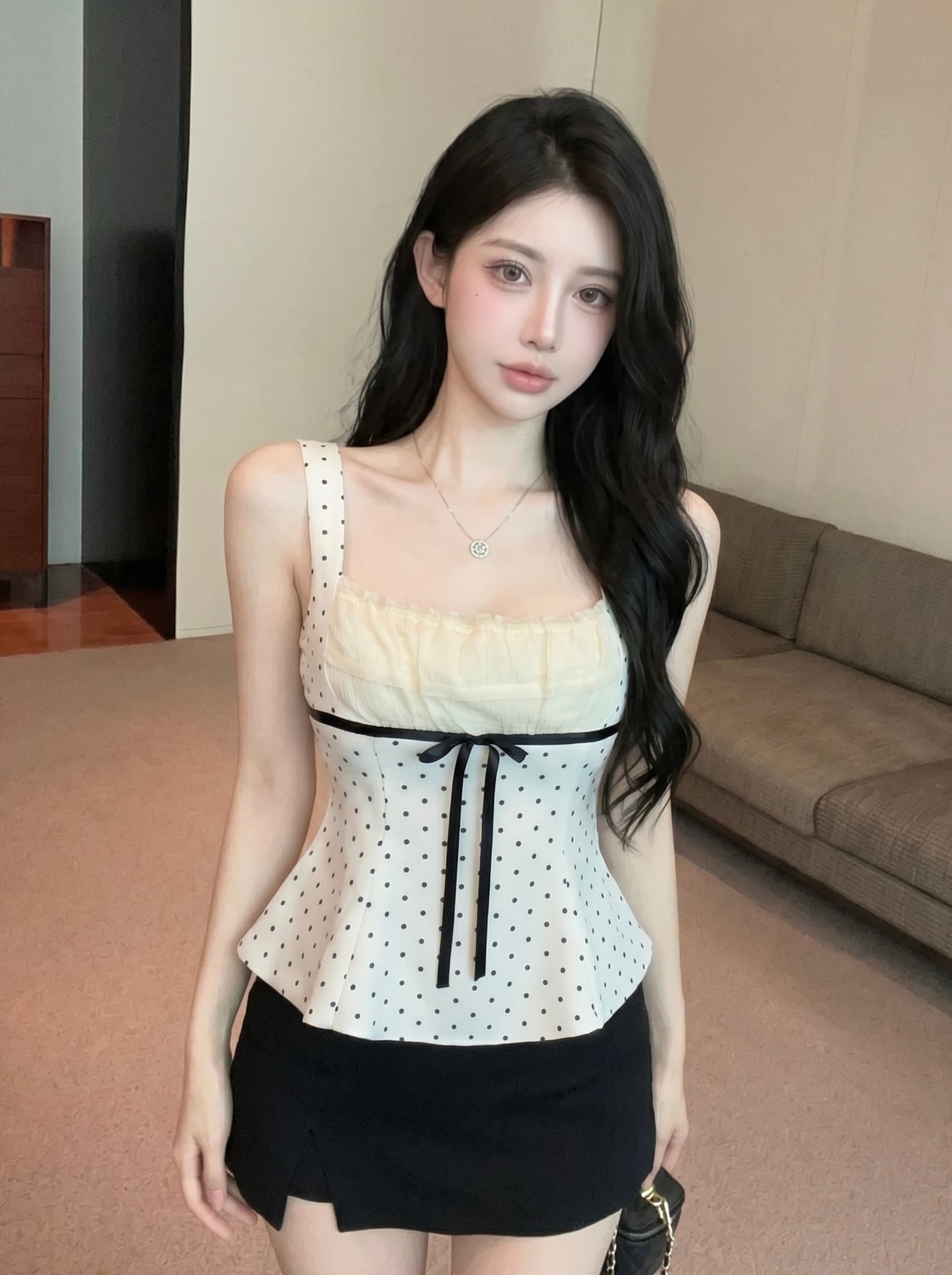 실사 프랑스식 달콤한 스타일 나비 매듭 도트 무늬 레이스 슬립 여성 여름 새로운 맨위 광장 칼라 조끼 작은 셔츠 상세 이미지 6