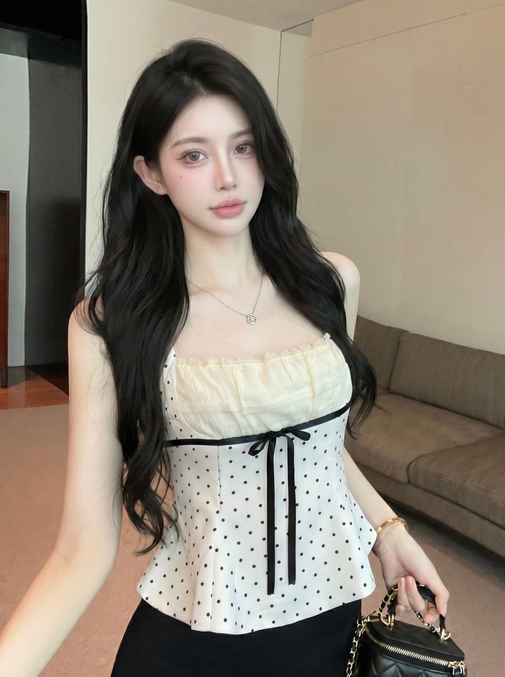 실사 프랑스식 달콤한 스타일 나비 매듭 도트 무늬 레이스 슬립 여성 여름 새로운 맨위 광장 칼라 조끼 작은 셔츠 상세 이미지 7