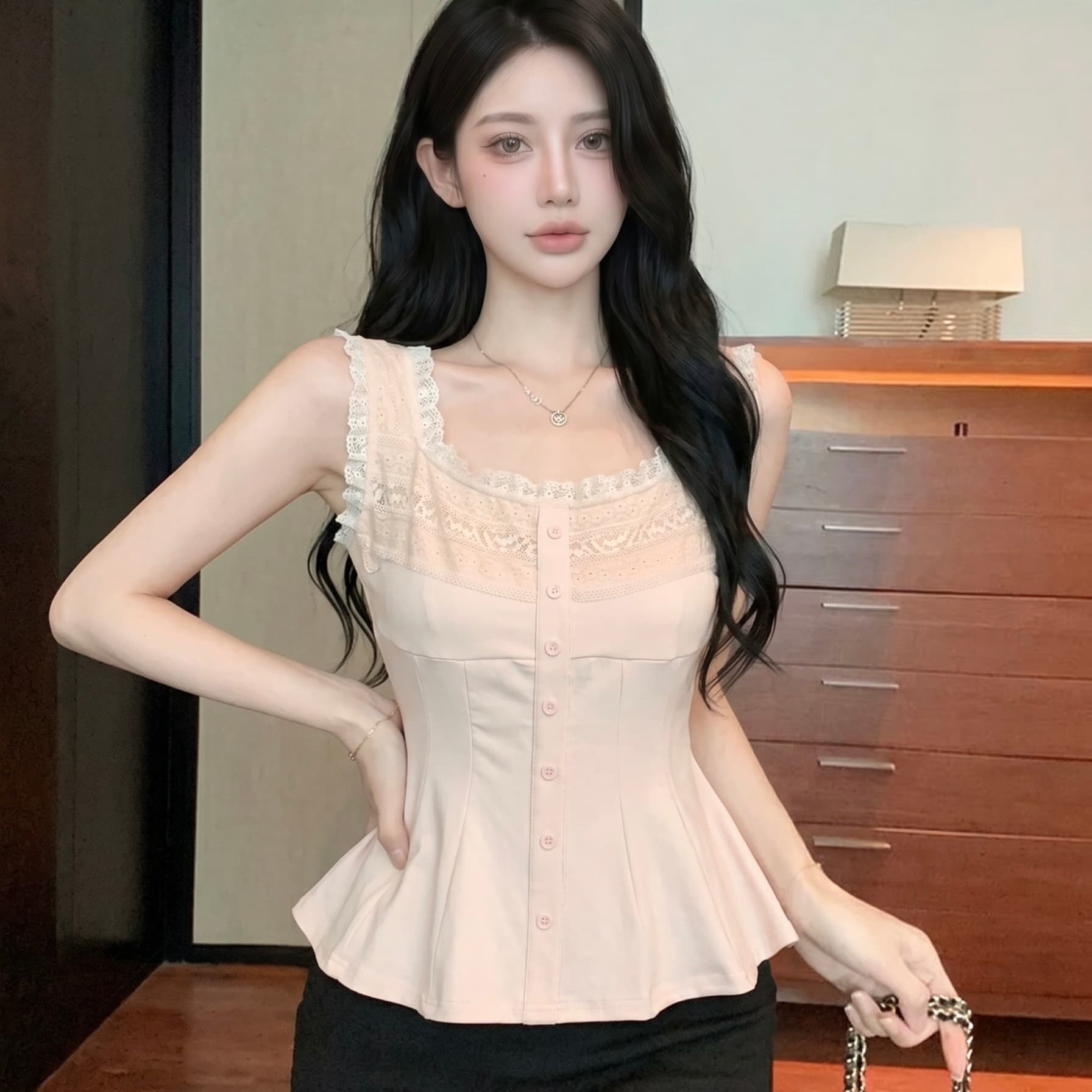 실사 달콤함 레이스 조각 광장 칼라 조끼 고급 센스 여성 여름 새로운 슈퍼 잘 생긴 순수한 욕망 몸매 가꾸기 맨위 이미지 6