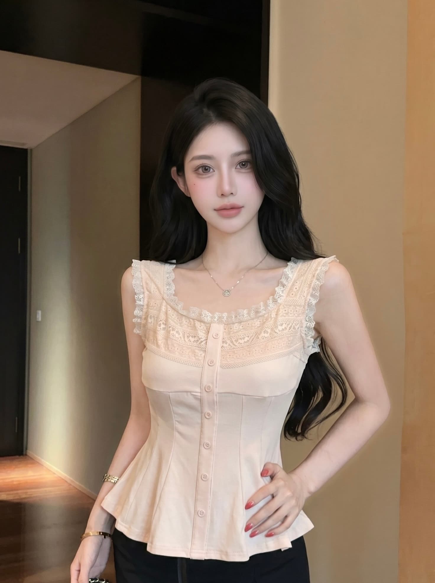 실사 달콤함 레이스 조각 광장 칼라 조끼 고급 센스 여성 여름 새로운 슈퍼 잘 생긴 순수한 욕망 몸매 가꾸기 맨위 이미지 2