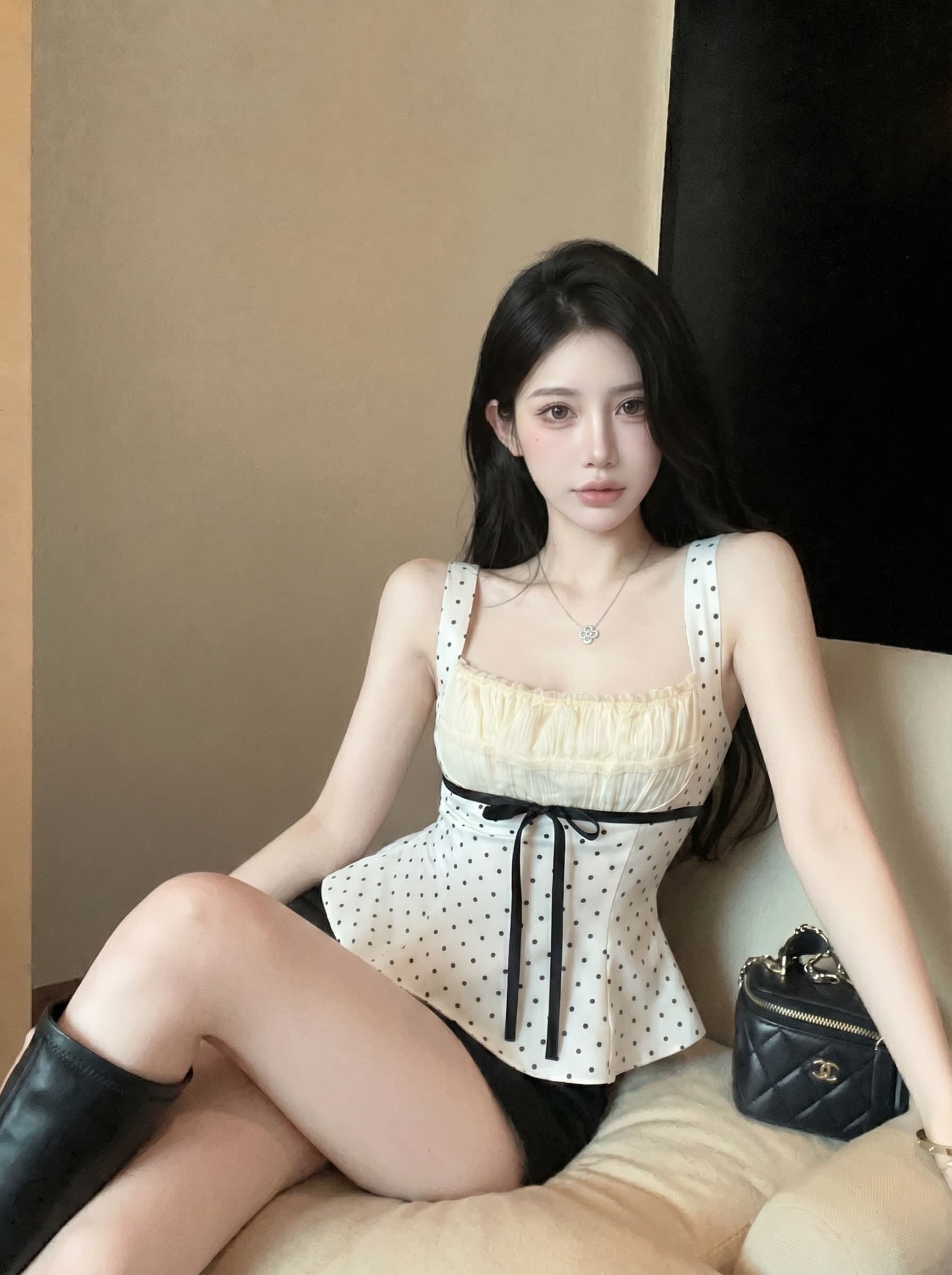 실사 프랑스식 달콤한 스타일 나비 매듭 도트 무늬 레이스 슬립 여성 여름 새로운 맨위 광장 칼라 조끼 작은 셔츠 이미지 5