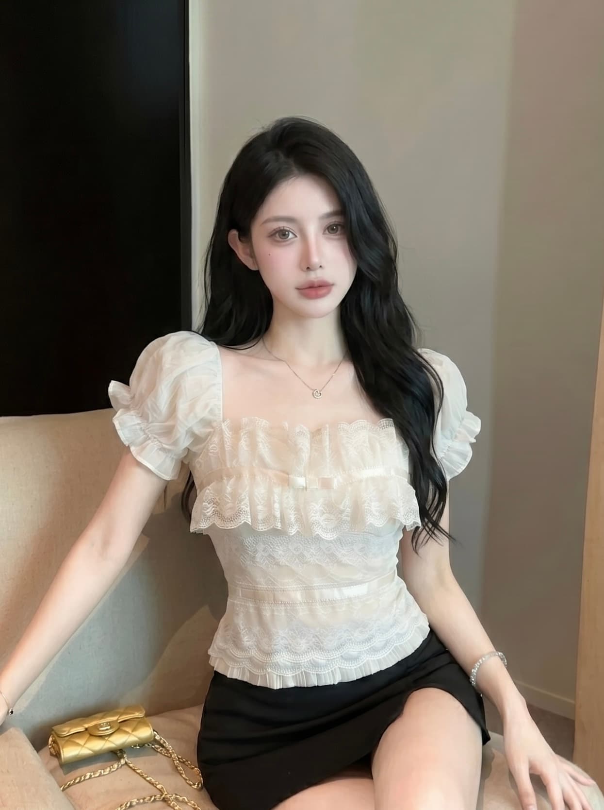 실사 광장 칼라 거품 소매 레이스 조각 반팔 티셔츠 여성 여름 나비 매듭 디자인 센스 연령 감소 슬림해 보이는 맨위 이미지 4