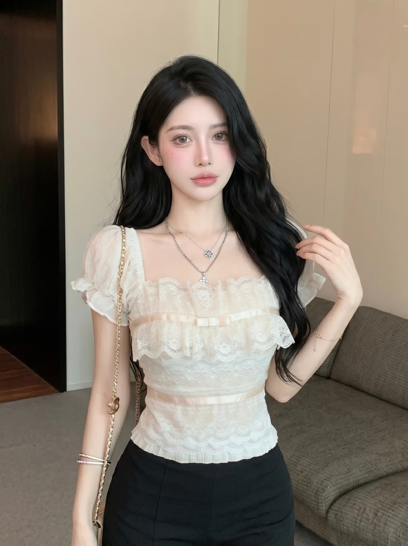 실사 광장 칼라 거품 소매 레이스 조각 반팔 티셔츠 여성 여름 나비 매듭 디자인 센스 연령 감소 슬림해 보이는 맨위 이미지 2
