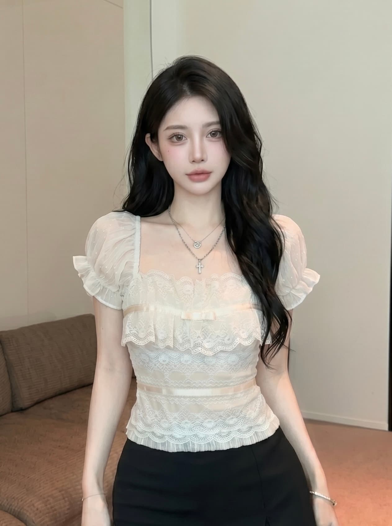 실사 광장 칼라 거품 소매 레이스 조각 반팔 티셔츠 여성 여름 나비 매듭 디자인 센스 연령 감소 슬림해 보이는 맨위 이미지 3