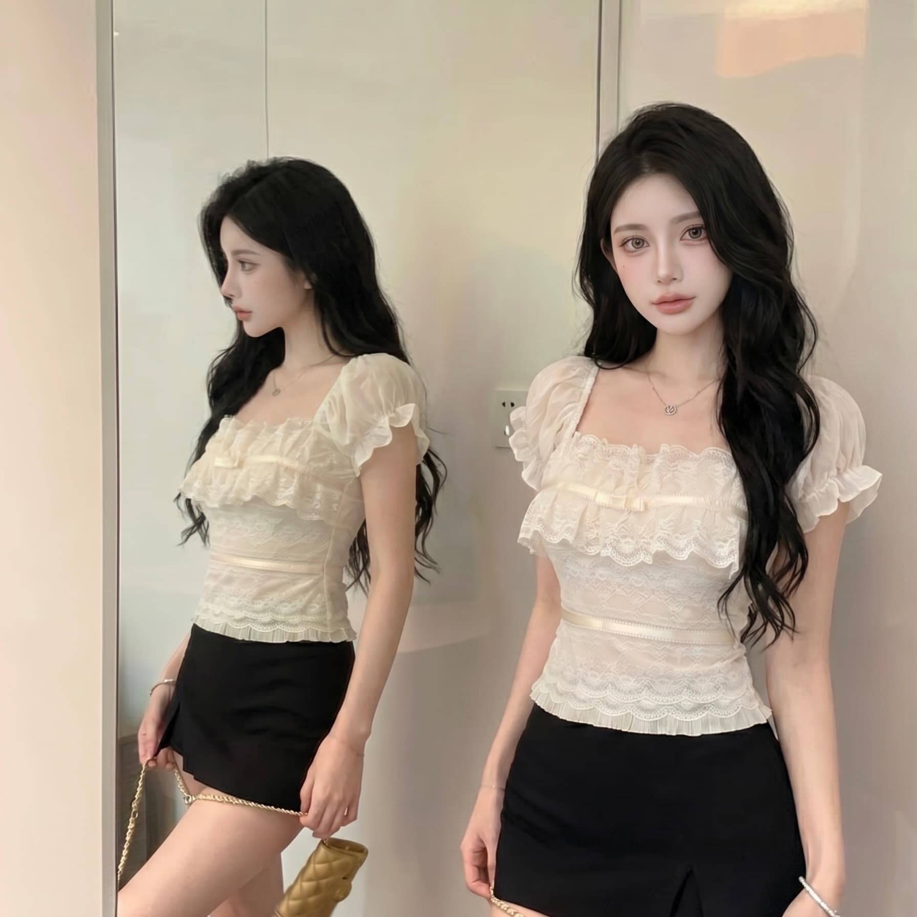 실사 광장 칼라 거품 소매 레이스 조각 반팔 티셔츠 여성 여름 나비 매듭 디자인 센스 연령 감소 슬림해 보이는 맨위 이미지 6