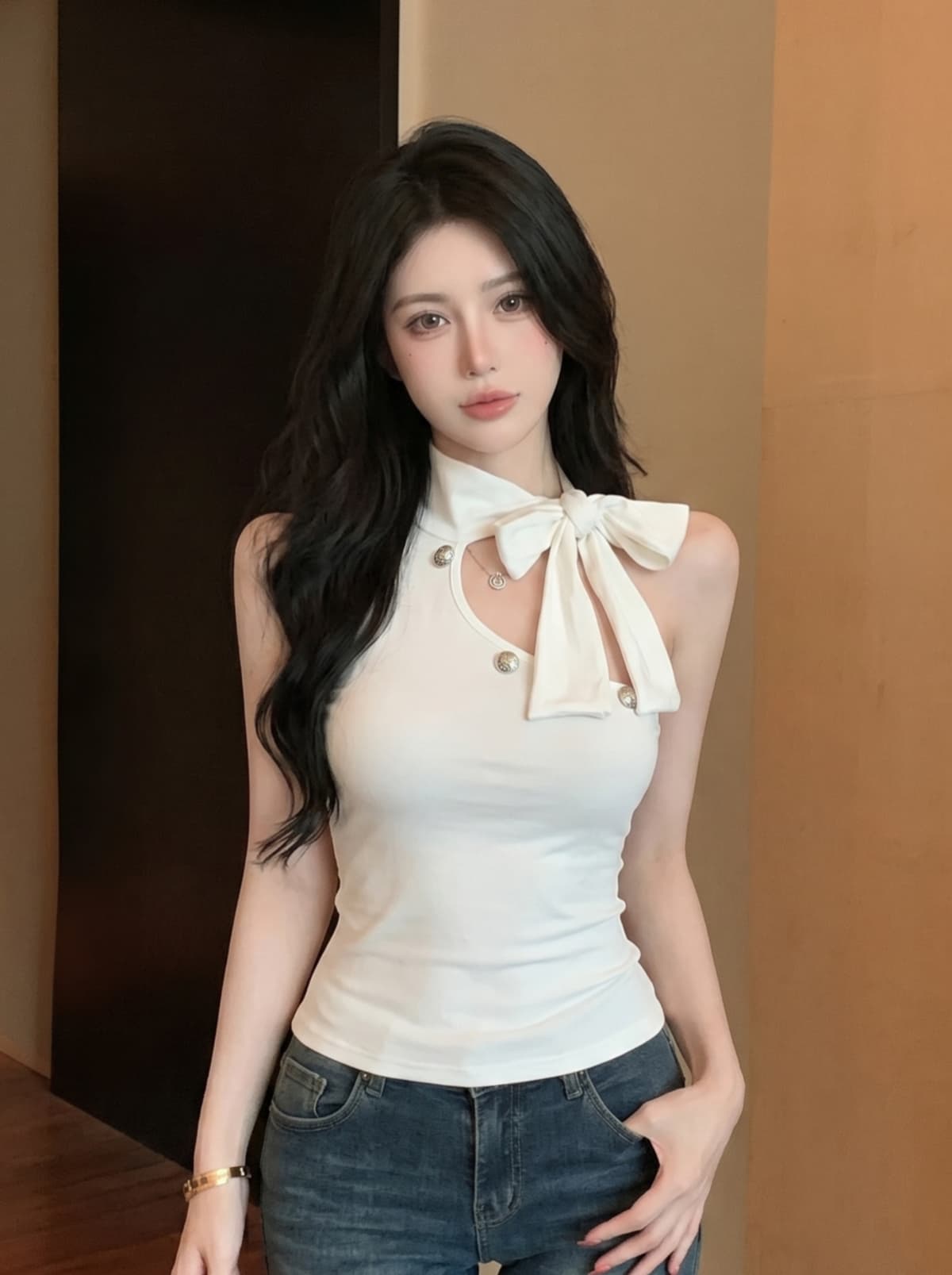 실사 섹시함 핫걸 바람 오프숄더 나비 매듭 조끼 여성 여름 새로운 몸매 가꾸기 벨트 가슴 패드 만나는 쇼트 스타일 맨위 상세 이미지 3