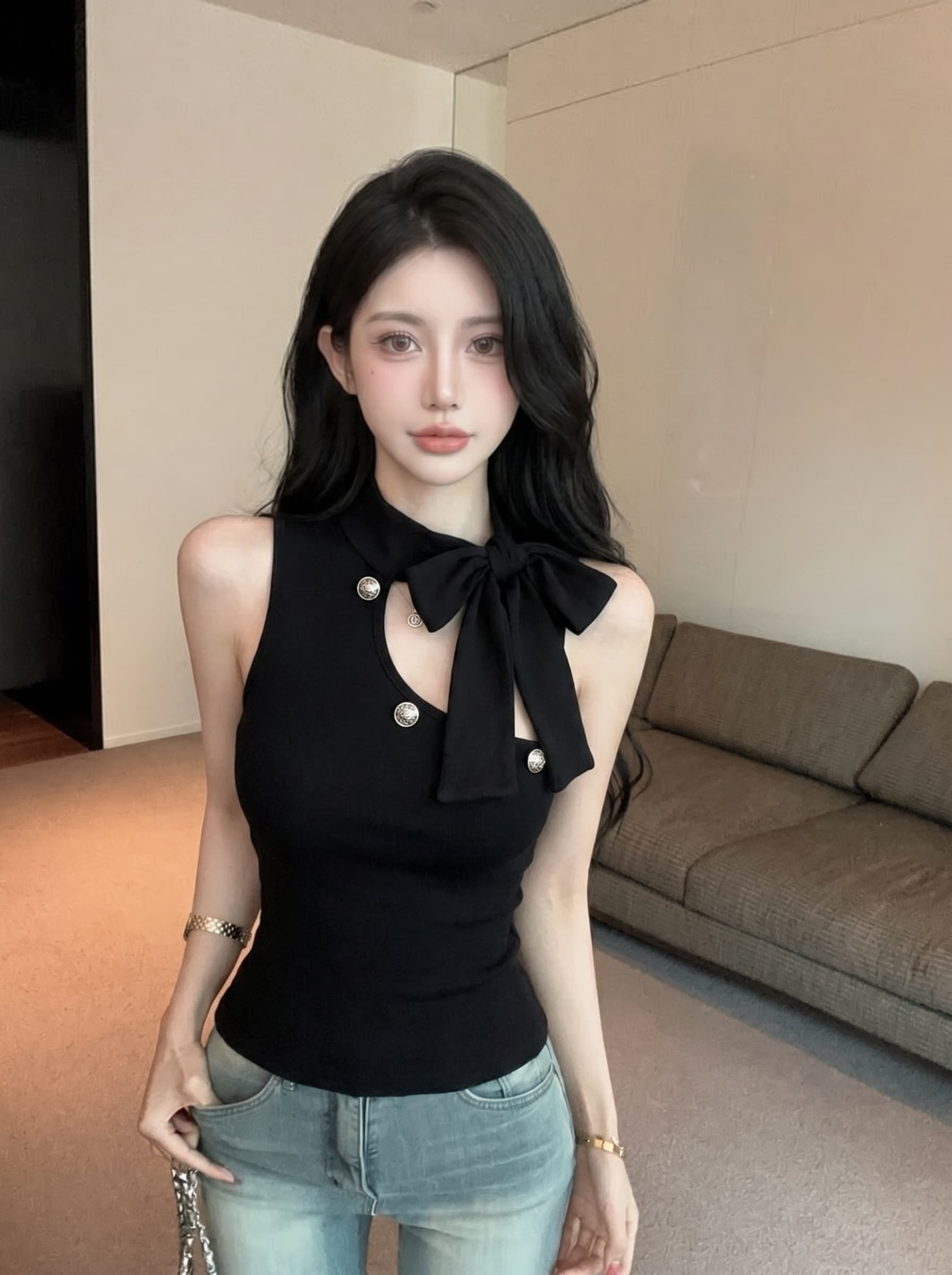 실사 섹시함 핫걸 바람 오프숄더 나비 매듭 조끼 여성 여름 새로운 몸매 가꾸기 벨트 가슴 패드 만나는 쇼트 스타일 맨위 상세 이미지 8