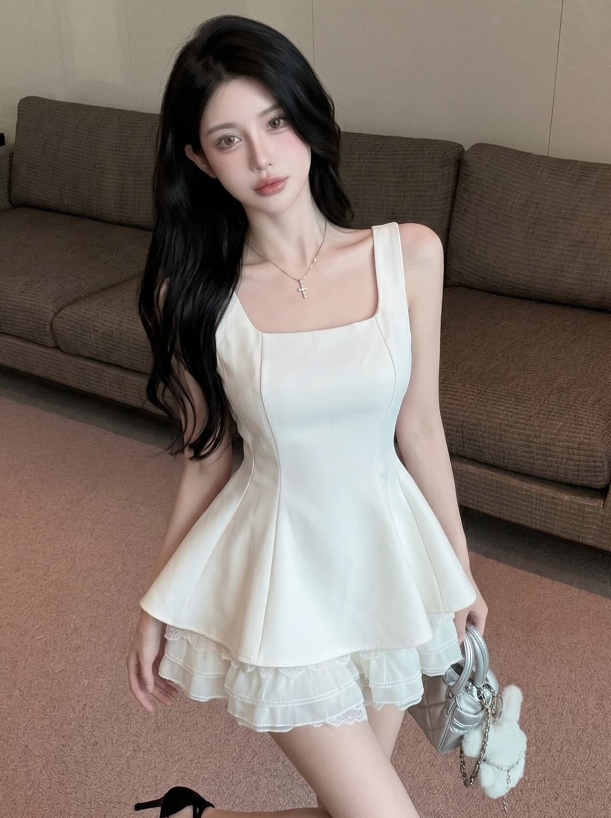 실사 프랑스식 부드러운 바람 슈퍼 잘 생긴 ~ 중 허리 수축 퍼프 미니 스커트 작은 키 아름다운 고유 한 슬립 드레스 상세 이미지 7
