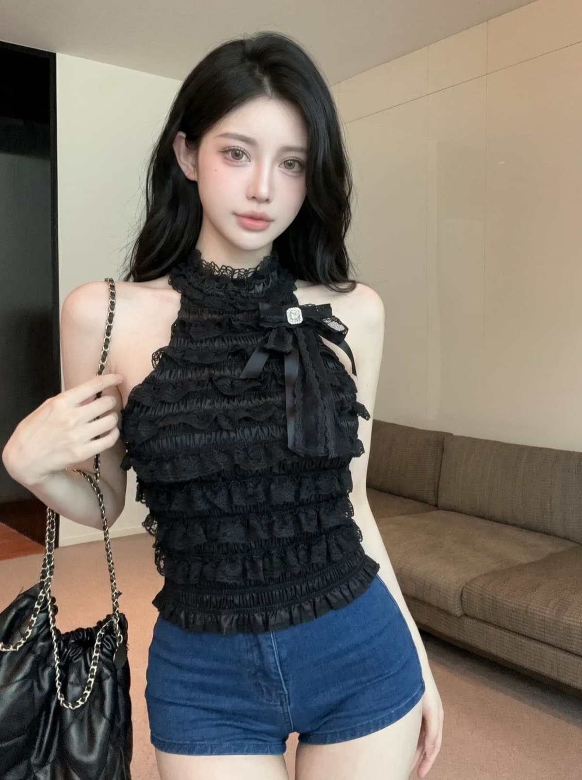 실사 작은 샤넬 스타일 명문 여성 다이아몬드 세팅 나비 매듭 행침 목 민소매 맨위 여성 여름 레이스 레이스 몸매 가꾸기 작은 조끼 이미지 4