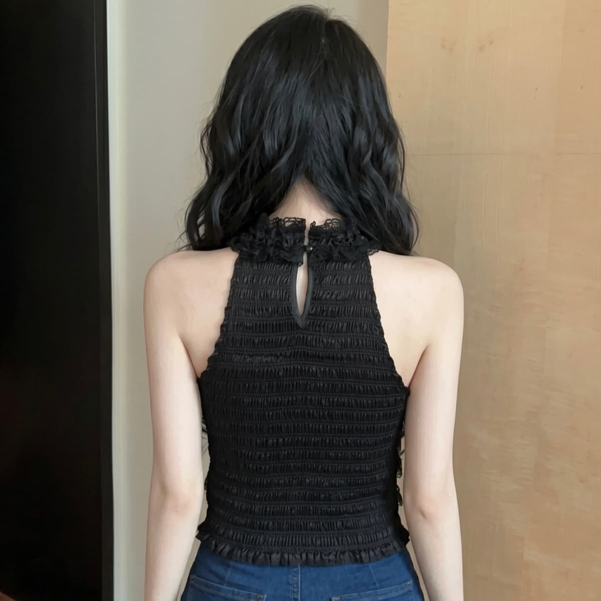 실사 작은 샤넬 스타일 명문 여성 다이아몬드 세팅 나비 매듭 행침 목 민소매 맨위 여성 여름 레이스 레이스 몸매 가꾸기 작은 조끼 이미지 6