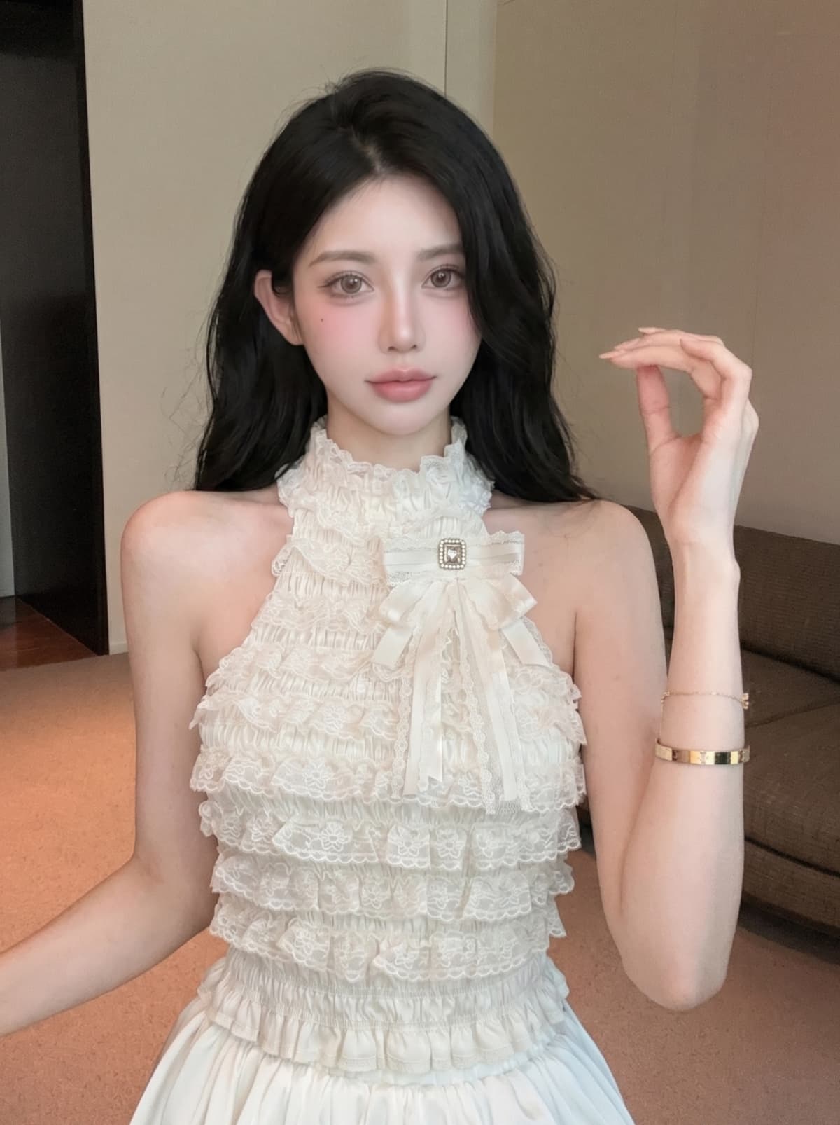 실사 작은 샤넬 스타일 명문 여성 다이아몬드 세팅 나비 매듭 행침 목 민소매 맨위 여성 여름 레이스 레이스 몸매 가꾸기 작은 조끼 상세 이미지 2