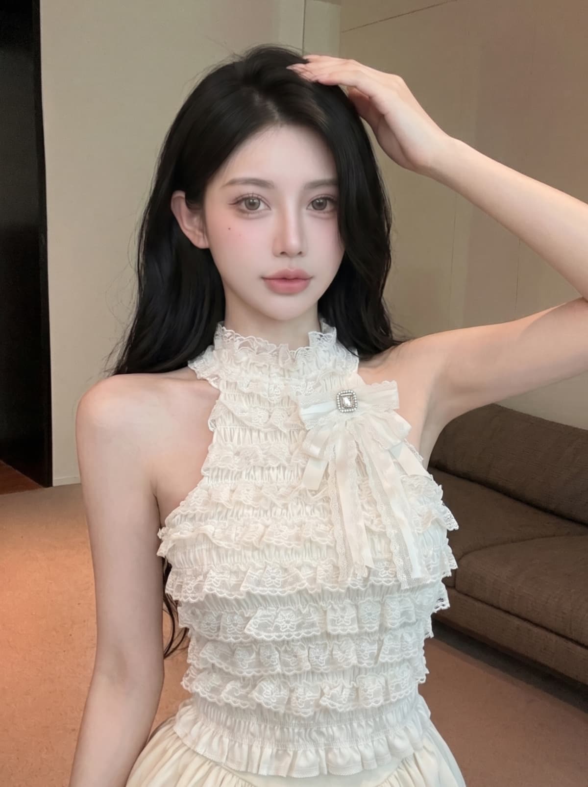 실사 작은 샤넬 스타일 명문 여성 다이아몬드 세팅 나비 매듭 행침 목 민소매 맨위 여성 여름 레이스 레이스 몸매 가꾸기 작은 조끼 상세 이미지 3