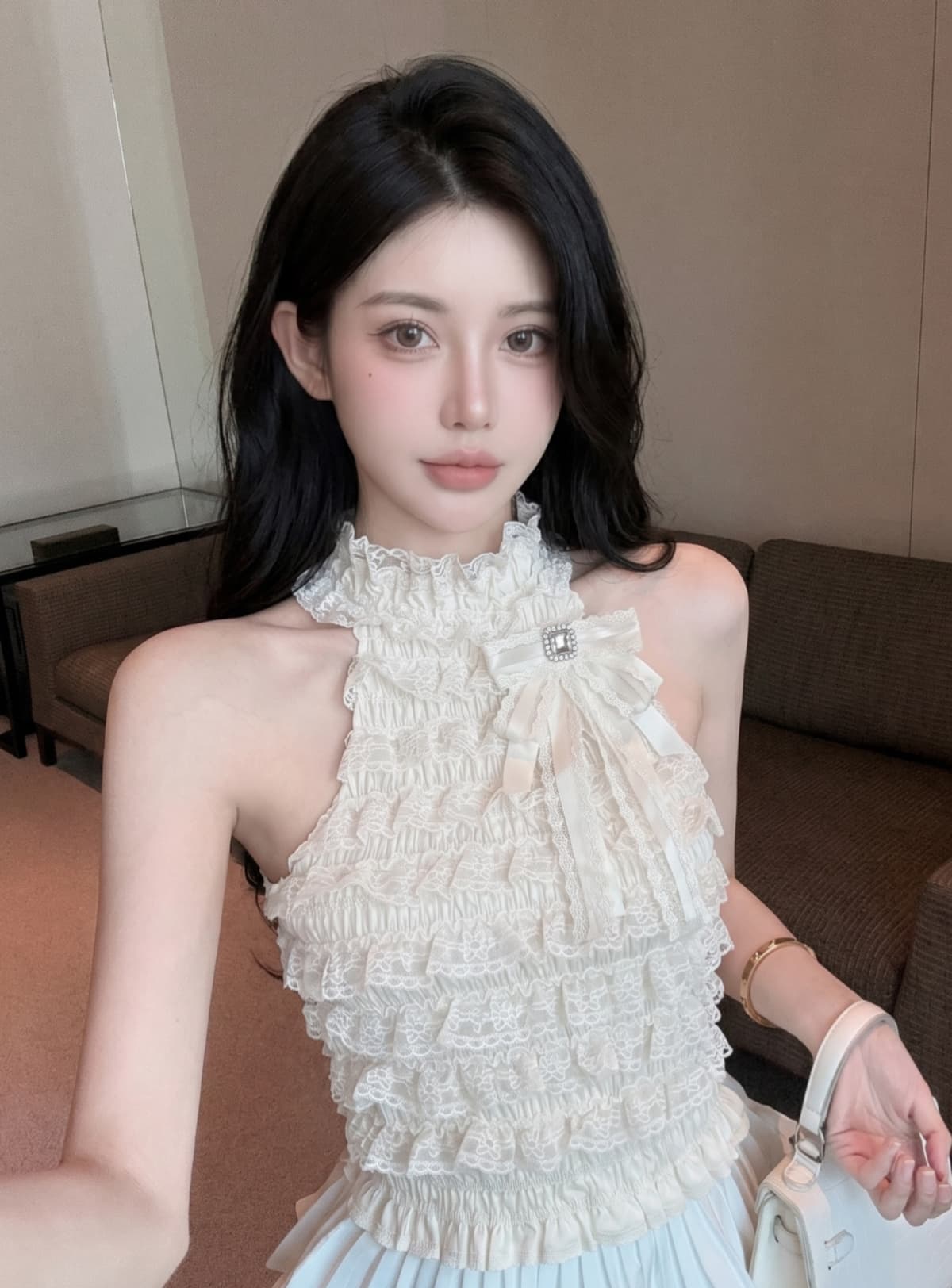 실사 작은 샤넬 스타일 명문 여성 다이아몬드 세팅 나비 매듭 행침 목 민소매 맨위 여성 여름 레이스 레이스 몸매 가꾸기 작은 조끼 상세 이미지 5