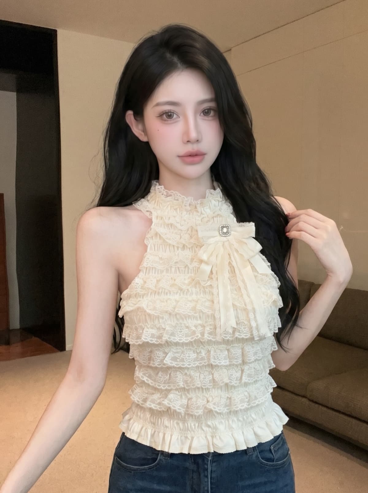 실사 작은 샤넬 스타일 명문 여성 다이아몬드 세팅 나비 매듭 행침 목 민소매 맨위 여성 여름 레이스 레이스 몸매 가꾸기 작은 조끼 상세 이미지 6