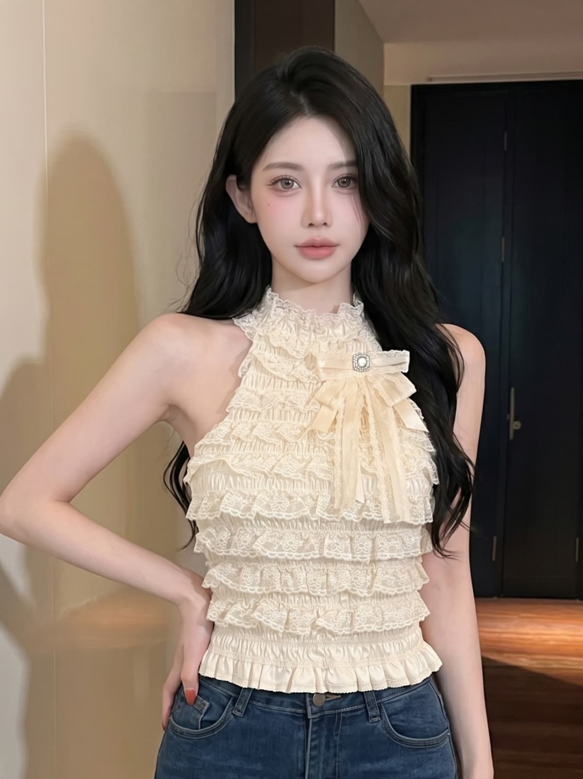실사 작은 샤넬 스타일 명문 여성 다이아몬드 세팅 나비 매듭 행침 목 민소매 맨위 여성 여름 레이스 레이스 몸매 가꾸기 작은 조끼 상세 이미지 8