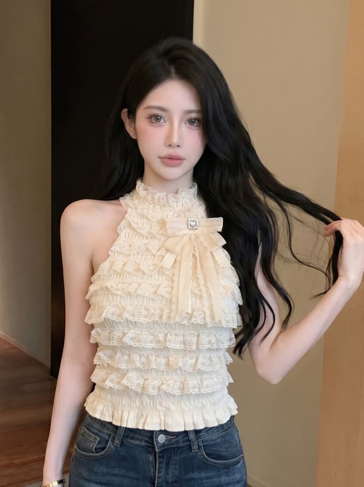 실사 작은 샤넬 스타일 명문 여성 다이아몬드 세팅 나비 매듭 행침 목 민소매 맨위 여성 여름 레이스 레이스 몸매 가꾸기 작은 조끼 상세 이미지 9