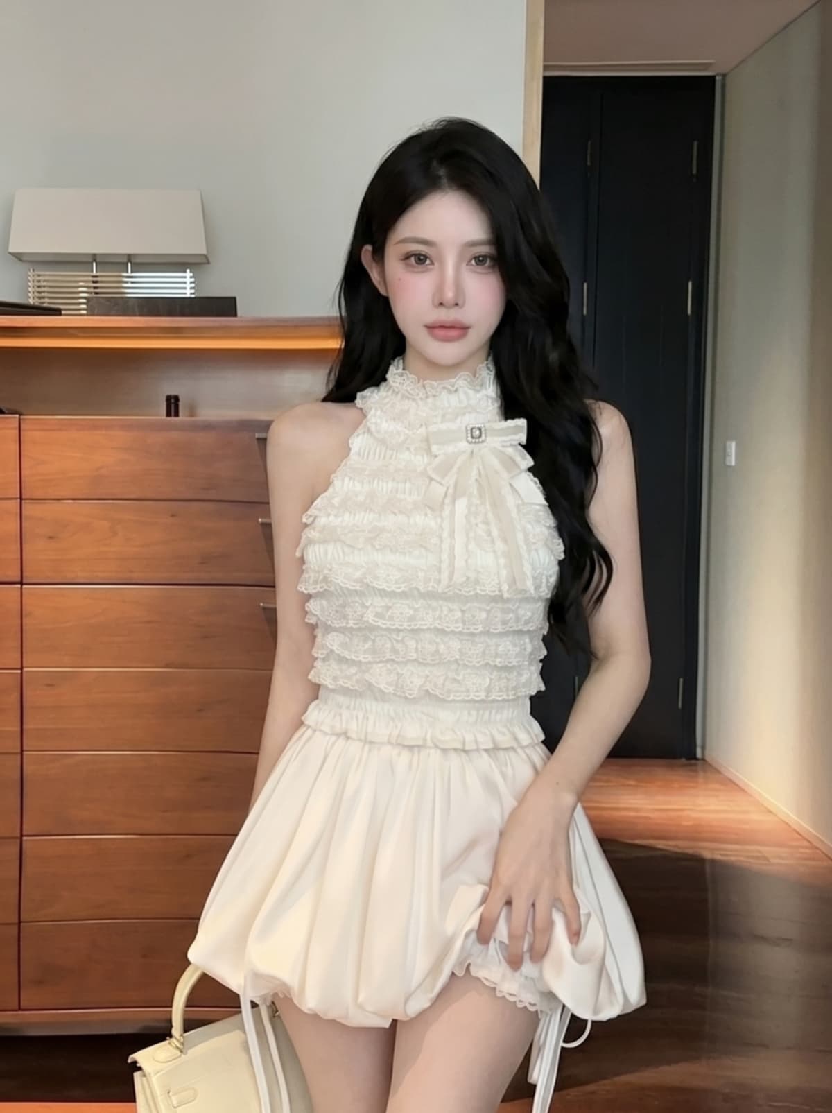 실사 작은 샤넬 스타일 명문 여성 다이아몬드 세팅 나비 매듭 행침 목 민소매 맨위 여성 여름 레이스 레이스 몸매 가꾸기 작은 조끼 상세 이미지 10