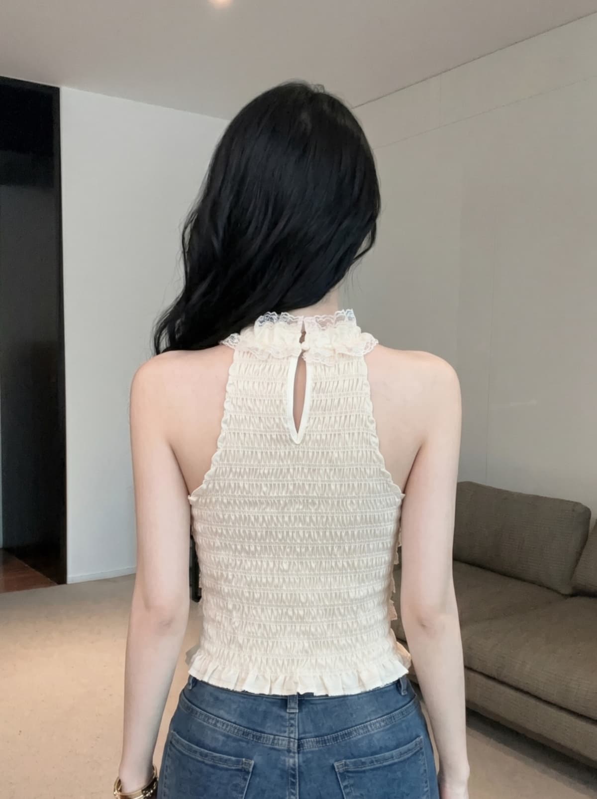 실사 작은 샤넬 스타일 명문 여성 다이아몬드 세팅 나비 매듭 행침 목 민소매 맨위 여성 여름 레이스 레이스 몸매 가꾸기 작은 조끼 상세 이미지 13