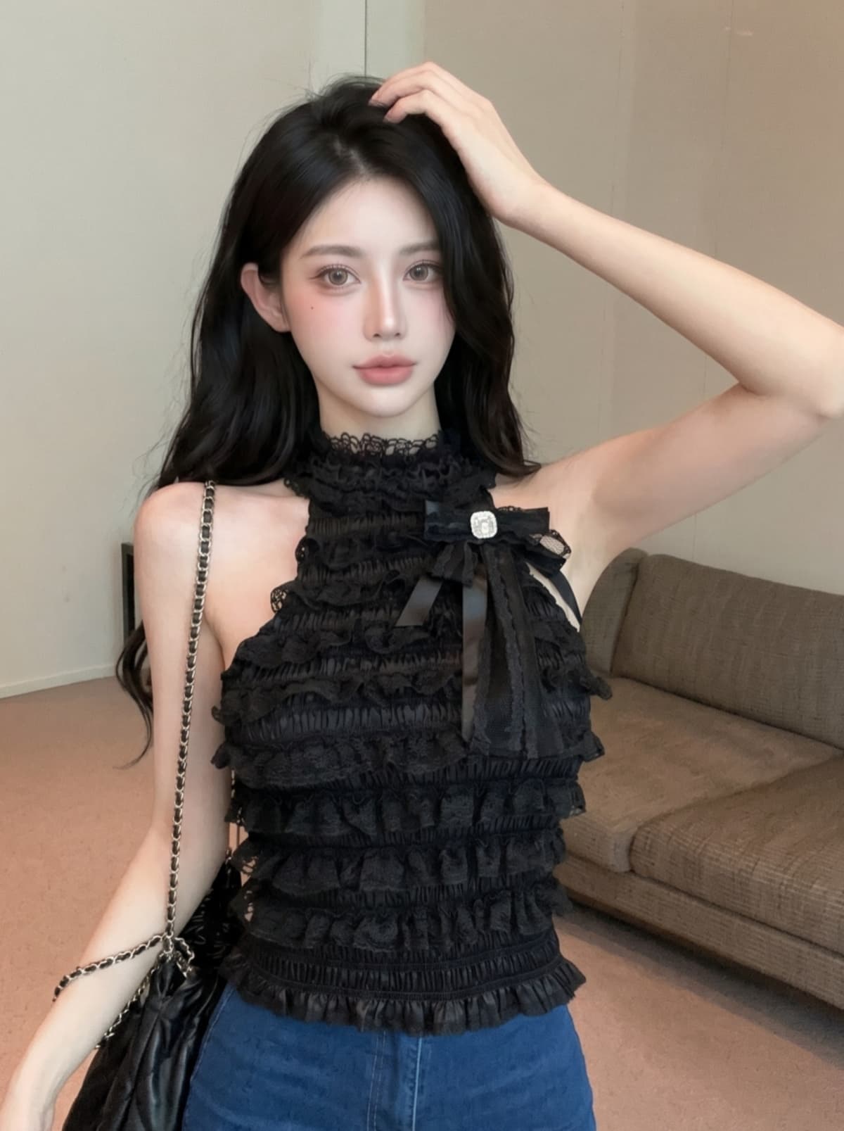 실사 작은 샤넬 스타일 명문 여성 다이아몬드 세팅 나비 매듭 행침 목 민소매 맨위 여성 여름 레이스 레이스 몸매 가꾸기 작은 조끼 상세 이미지 14