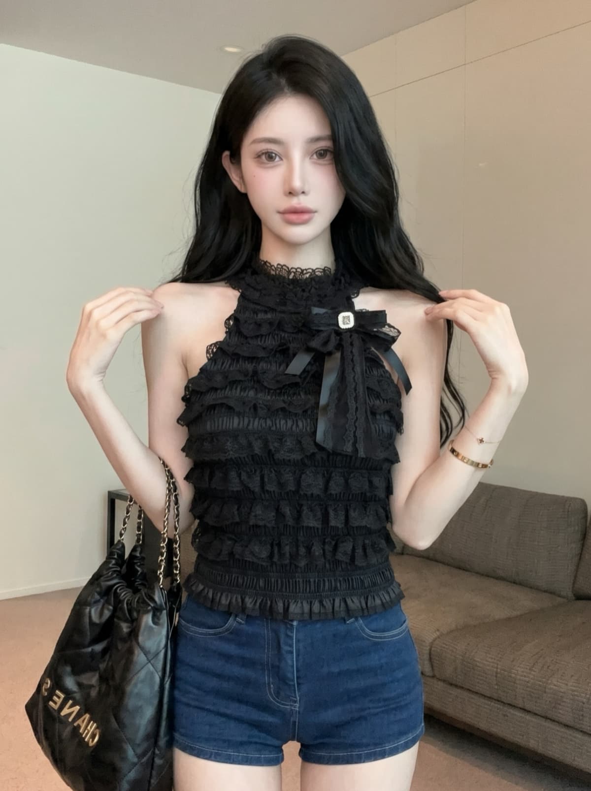 실사 작은 샤넬 스타일 명문 여성 다이아몬드 세팅 나비 매듭 행침 목 민소매 맨위 여성 여름 레이스 레이스 몸매 가꾸기 작은 조끼 상세 이미지 15