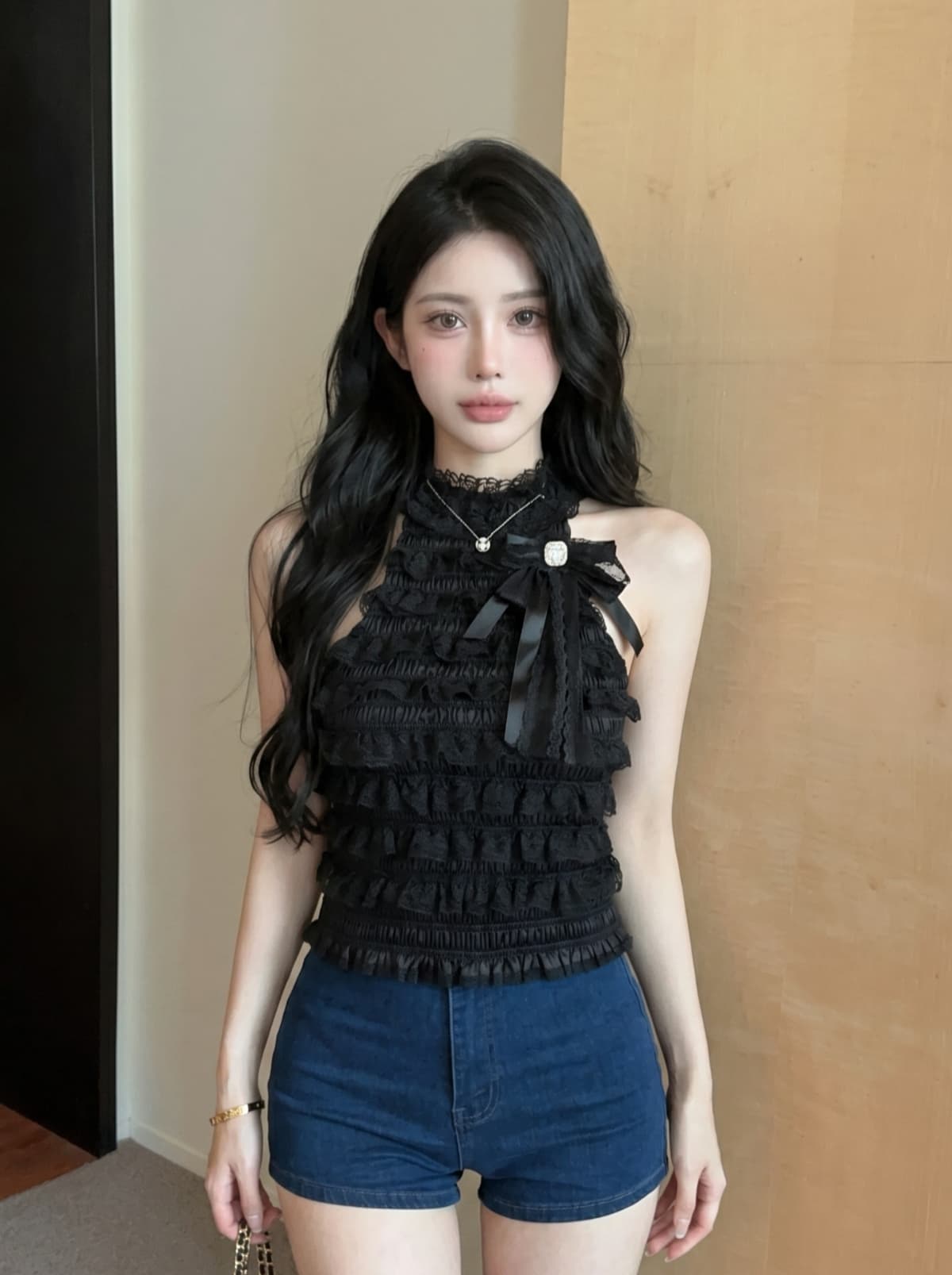 실사 작은 샤넬 스타일 명문 여성 다이아몬드 세팅 나비 매듭 행침 목 민소매 맨위 여성 여름 레이스 레이스 몸매 가꾸기 작은 조끼 상세 이미지 17