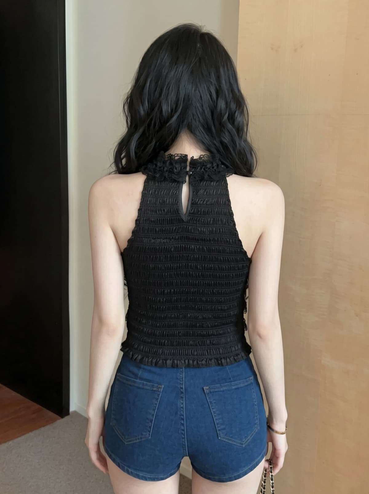 실사 작은 샤넬 스타일 명문 여성 다이아몬드 세팅 나비 매듭 행침 목 민소매 맨위 여성 여름 레이스 레이스 몸매 가꾸기 작은 조끼 상세 이미지 18