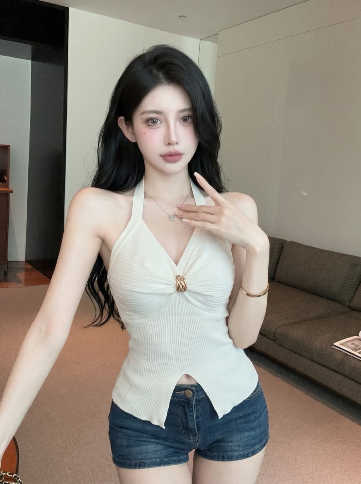 실사 순수한 욕망 비틀림 백리스 행침 목 캐미솔 여름 디자인 센스 몸매 가꾸기 허리 수축 쇼트 스타일 외출용 맨위 상세 이미지 7