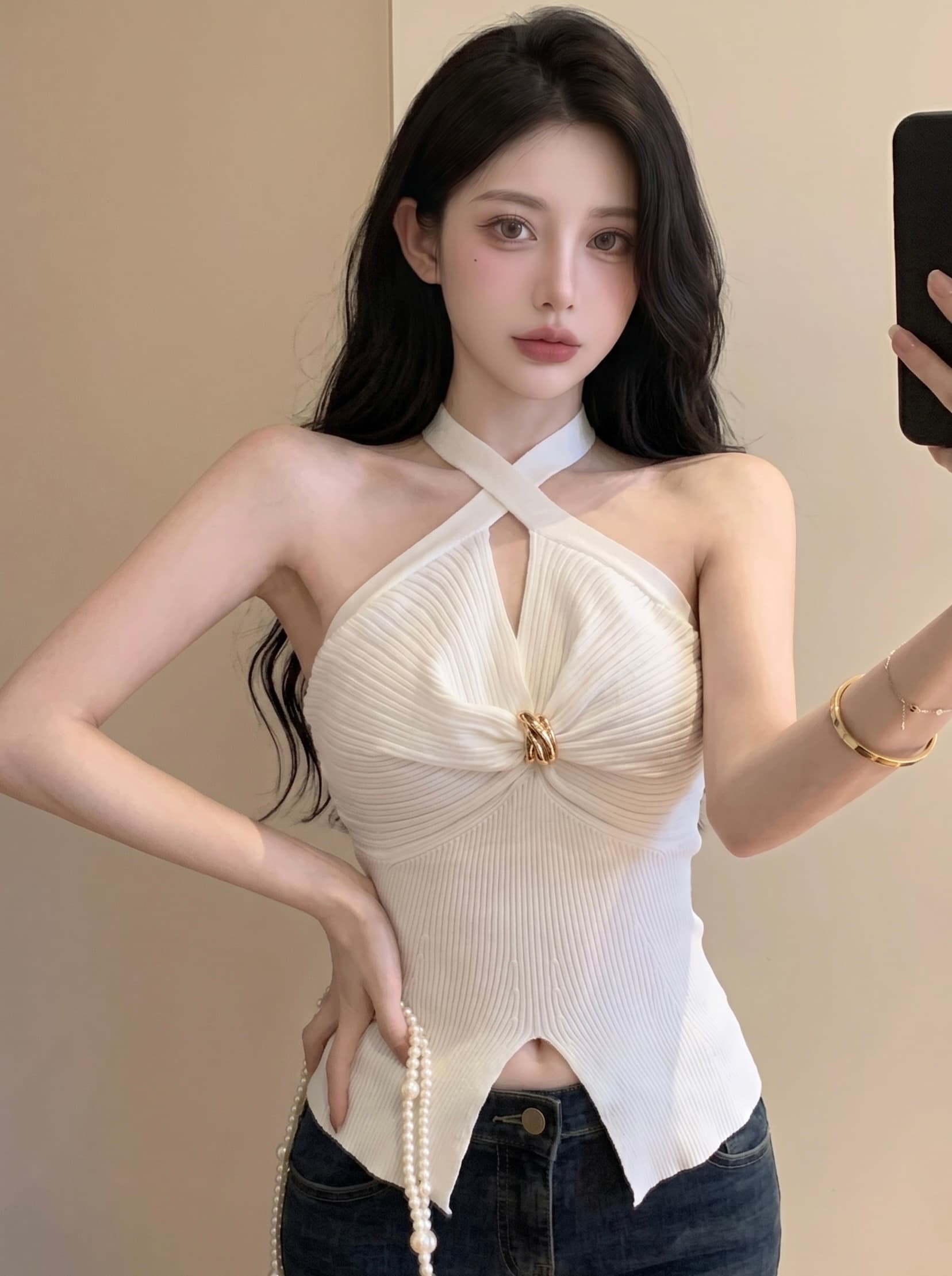 실사 순수한 욕망 비틀림 백리스 행침 목 캐미솔 여름 디자인 센스 몸매 가꾸기 허리 수축 쇼트 스타일 외출용 맨위 상세 이미지 11