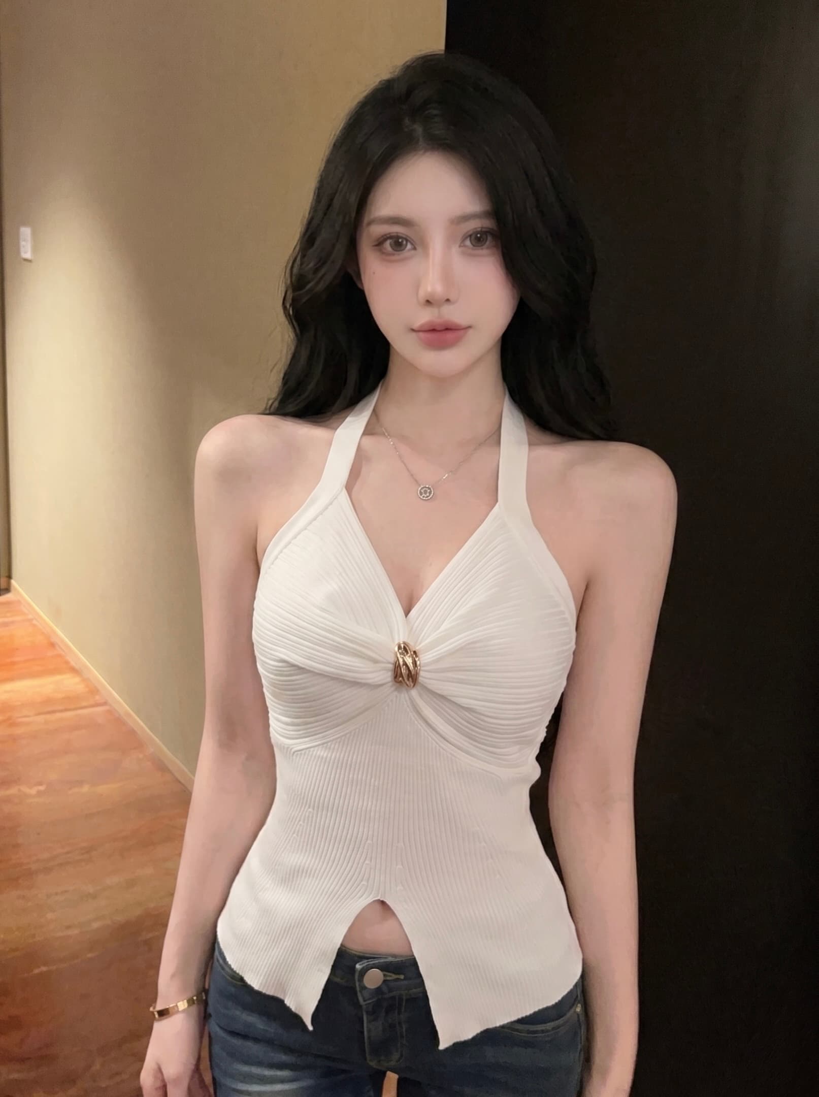 실사 순수한 욕망 비틀림 백리스 행침 목 캐미솔 여름 디자인 센스 몸매 가꾸기 허리 수축 쇼트 스타일 외출용 맨위 상세 이미지 14